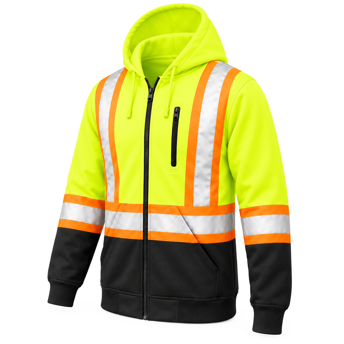  Jorestech high-visibility full-zip safety hoodie in lime-yellow and black, featuring orange-bordered reflective tape, a vertical chest pocket, and a dark stain-concealing bottom band.