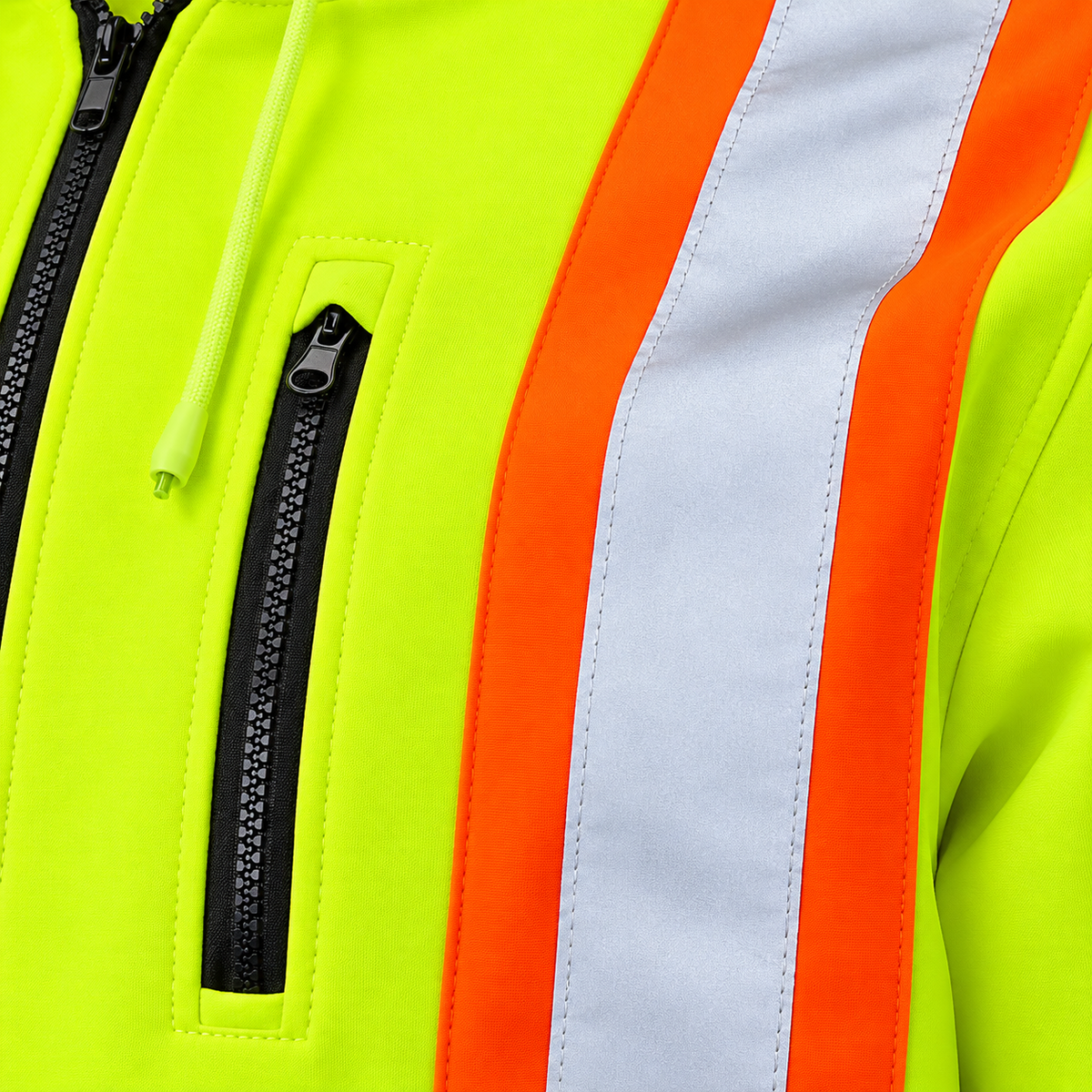Jorestech high-visibility neon orange and black safety hooded sweatshirt with reflective stripes, featuring a full-zip closure and a vertical chest pocket.