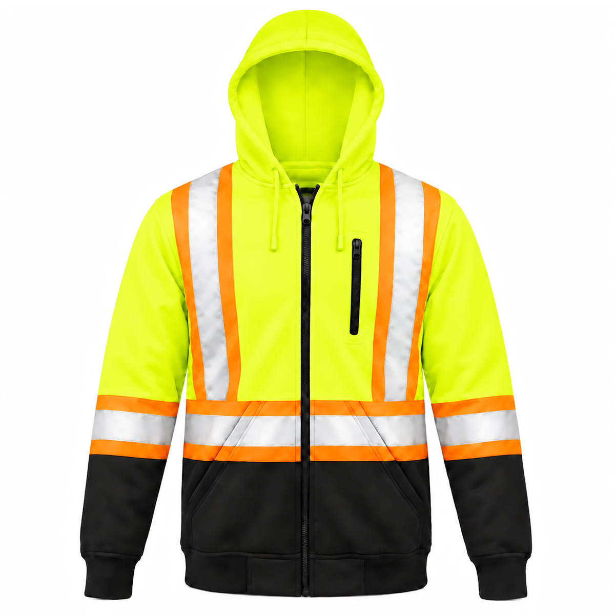  Jorestech high-visibility lime-yellow and black safety hooded sweatshirt with reflective stripes, featuring a full-zip closure and a vertical chest pocket.