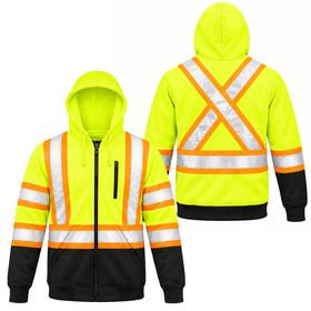 Jorestech high-visibility orange safety sweater detail view, showcasing the quarter-zip closure design and functional zippered utility chest pocket.