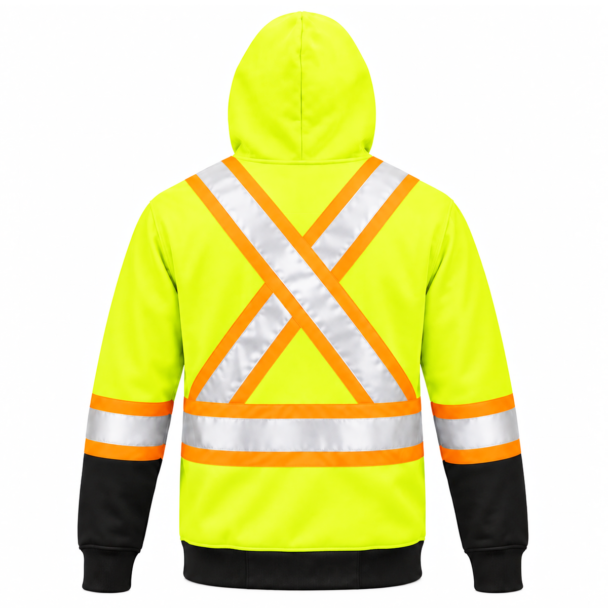 Back view of a Jorestech high-visibility lime-yellow safety hoodie, highlighting the silver and orange X-back reflective stripe layout for maximum occupational safety.
