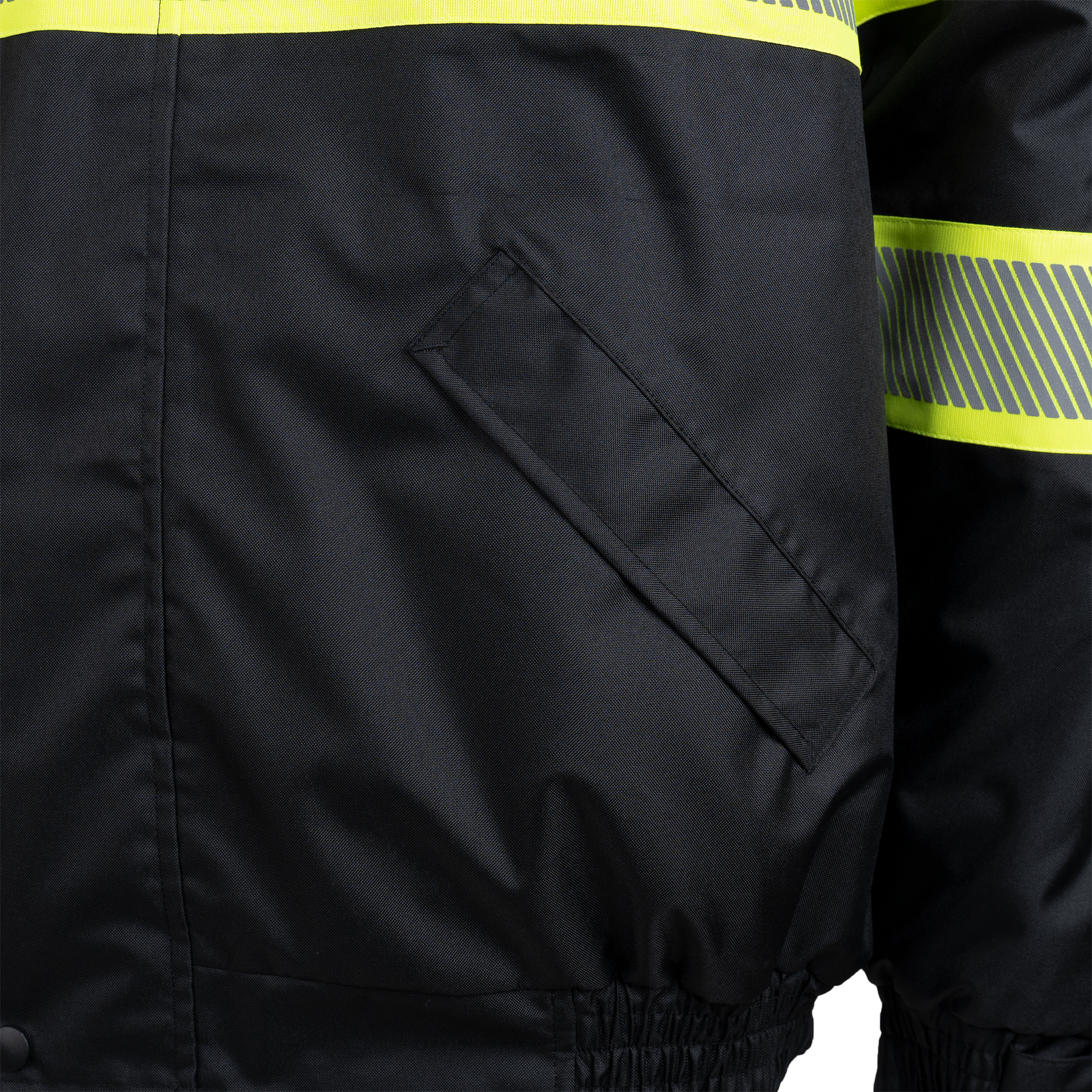 Black Hi-vis safety bomber jacket with heat transfer reflective tapes, contrasting hi vis background and pockets