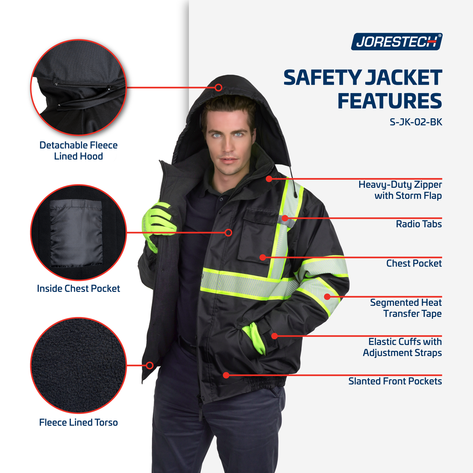 Man wearing the black safety jacket with reflective stripes and call outs listing outstanding features like heavy duty zipper, radio tabs, segmented heat transfer, multiple pockets and more.