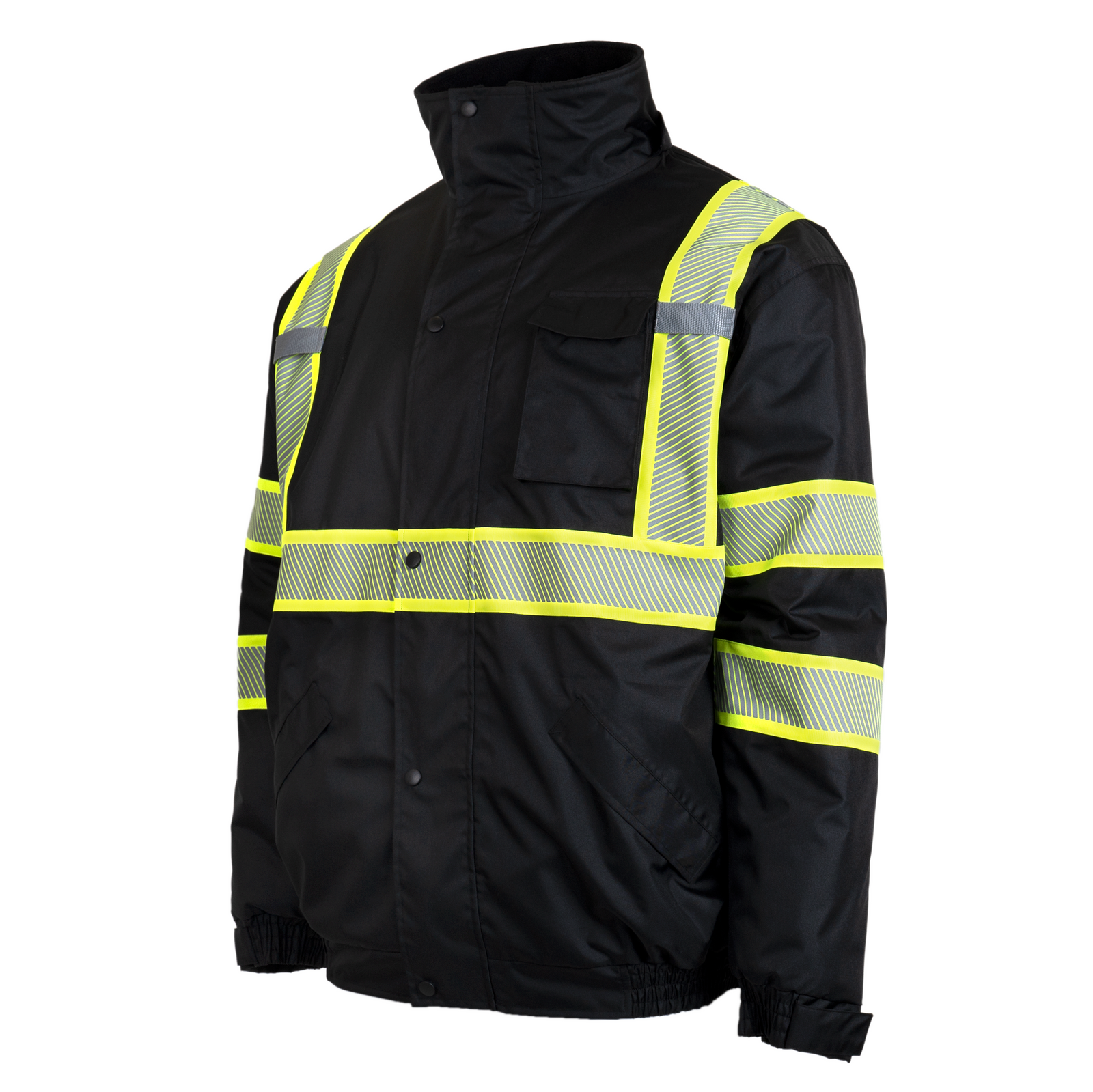 Black Hi-vis safety bomber jacket with heat transfer reflective tapes, contrasting hi vis background and detachable hoodie