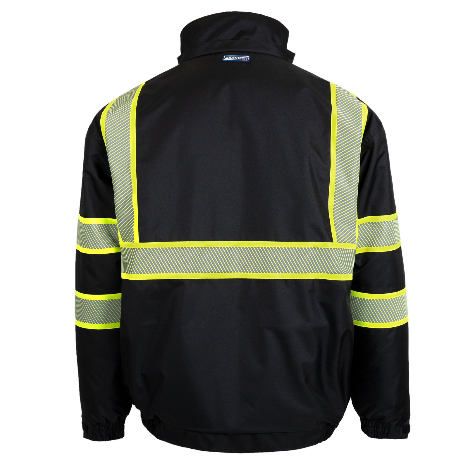 Black Hi-vis safety winter jacket with heat transfer reflective tapes, contrasting hi vis background and detachable hoodie
