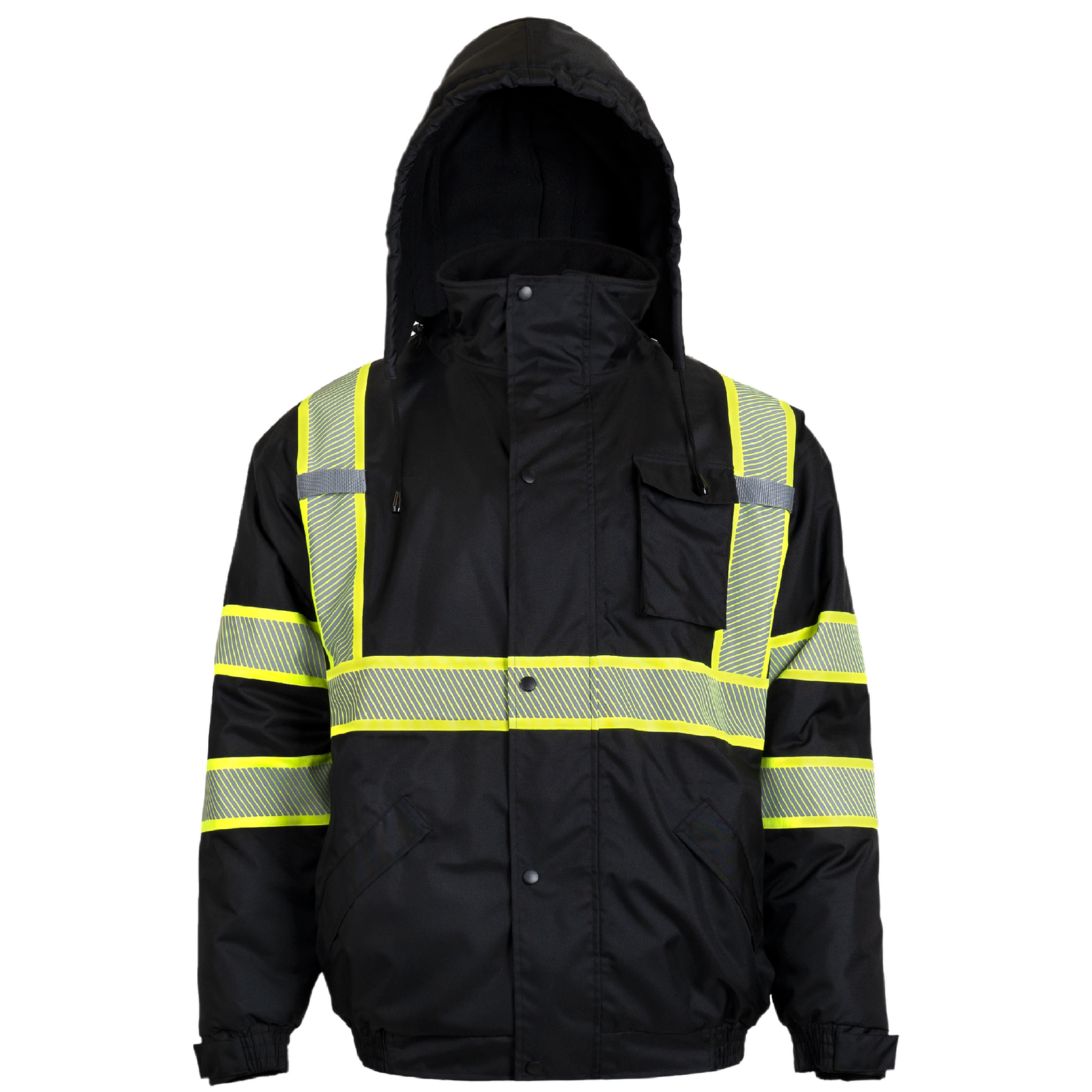 Front view of the black Hi-vis safety bomber work jacket with heat transfer reflective tapes and detachable hoodie