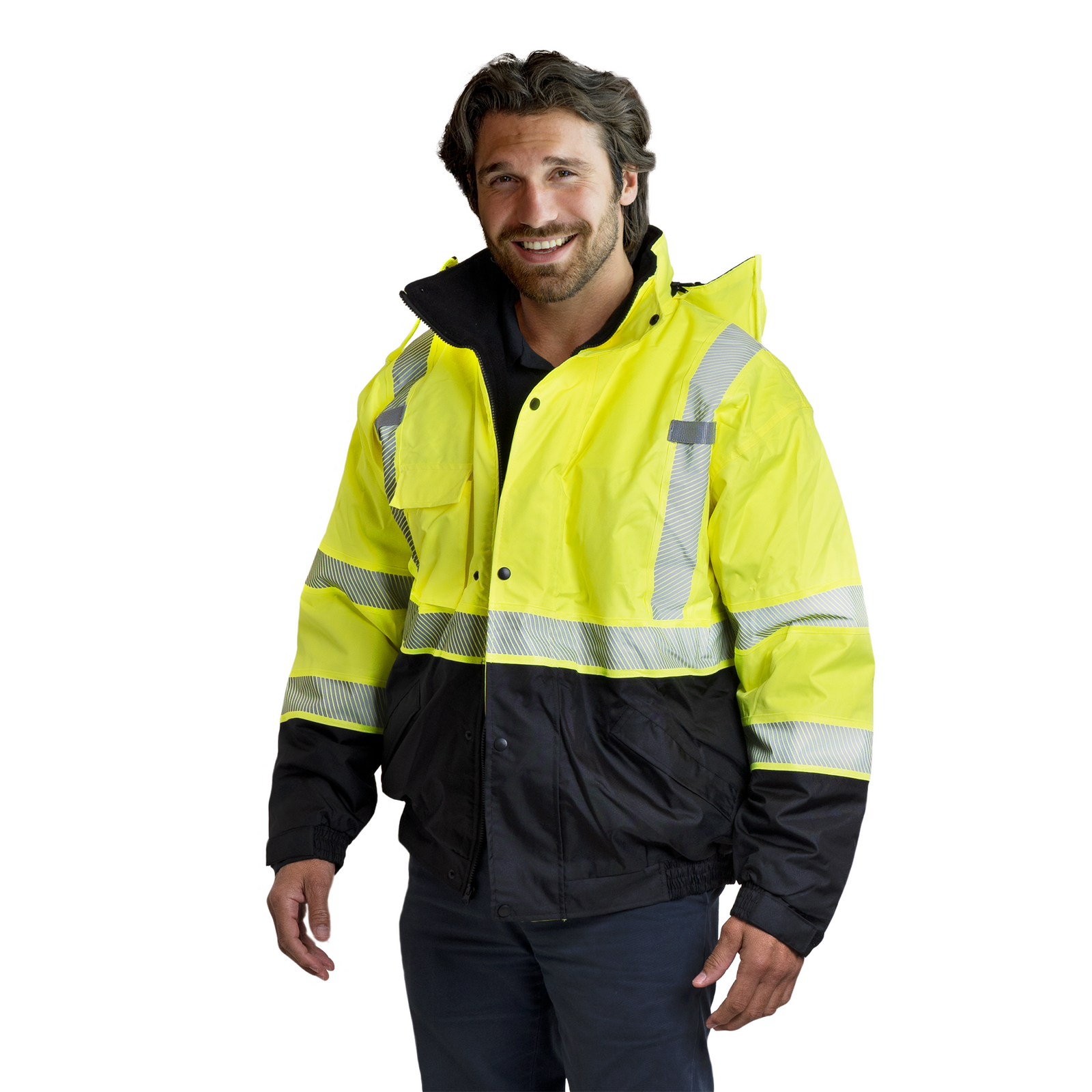 Man wearing the hi vis yellow safety jacket with heat transfer reflective tapes and removable hood.