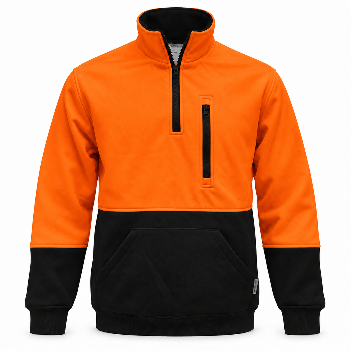  Jorestech high-visibility safety sweater in orange and black, featuring a quarter-zip neckline and a functional zippered chest pocket.
