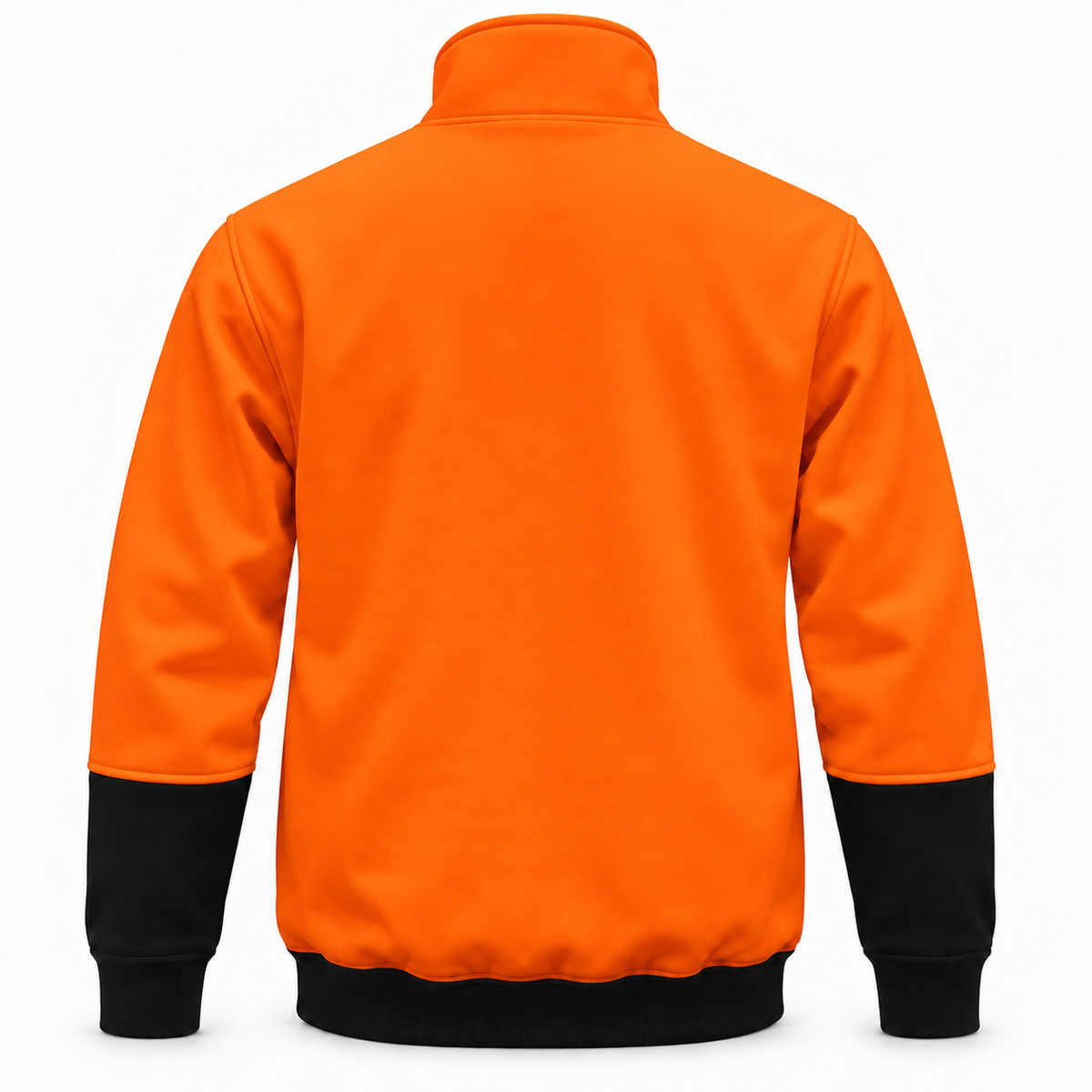 Back profile of a Jorestech high-visibility orange and black safety sweater with a high mock-neck collar.