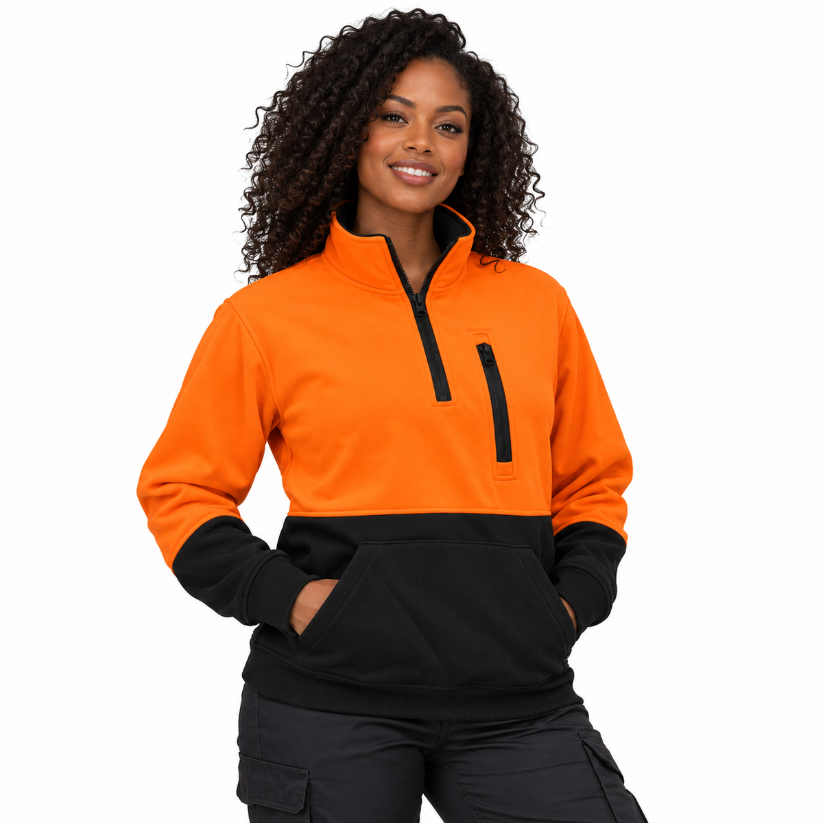 Jorestech high-visibility orange and black safety sweater for women, showing a front profile view of the fleece-lined quarter-zip work pullover.