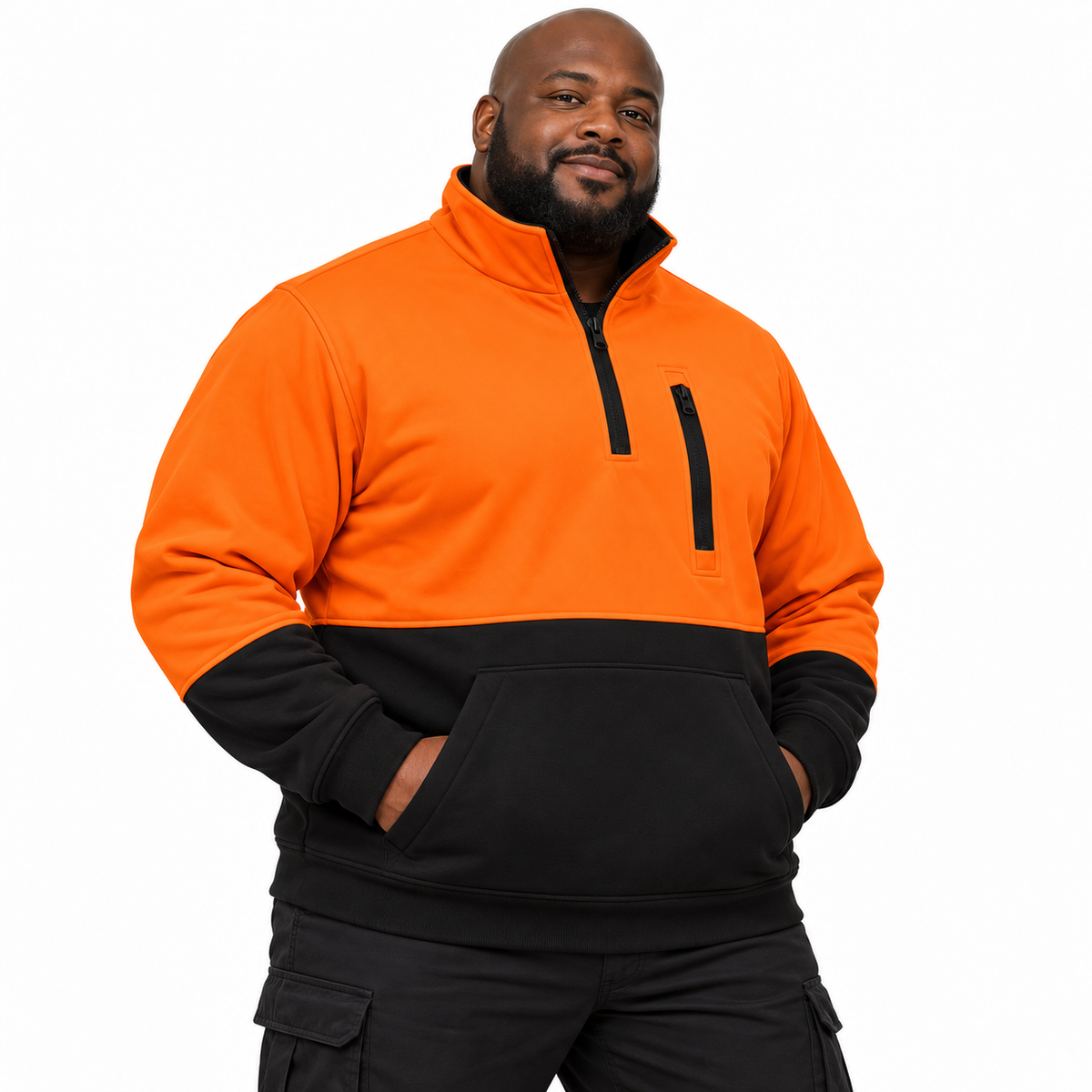Jorestech high-visibility orange and black safety sweater for men, showing a front profile view of the heavy-duty fleece work pullover.