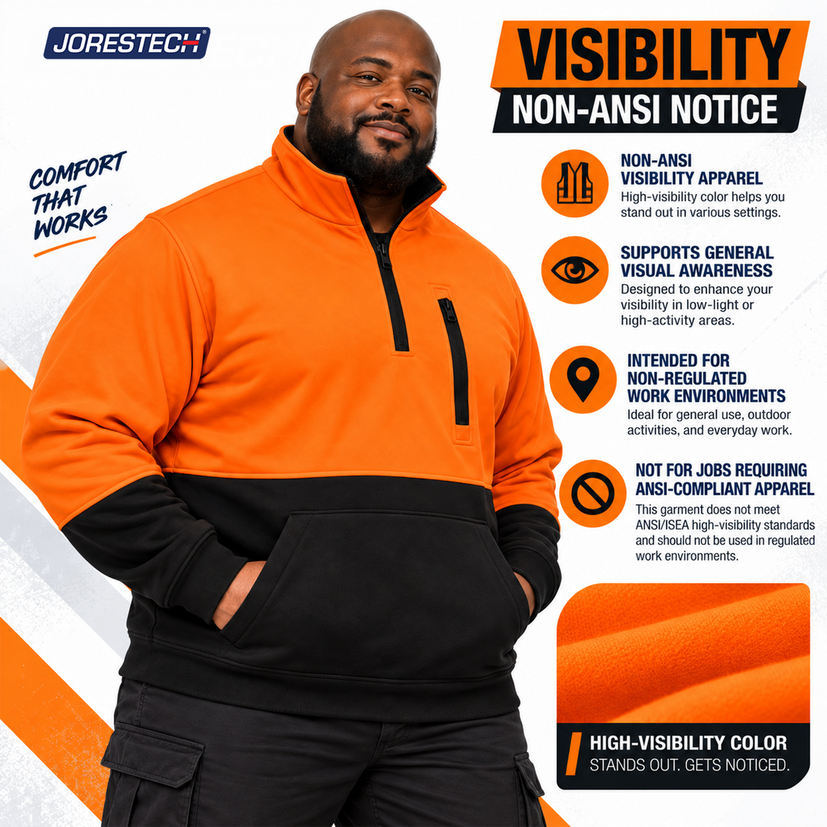 Jorestech high-visibility orange safety sweater Non-ANSI notice graphic, outlining recommended use cases for non-regulated work environments and low-light visual awareness.