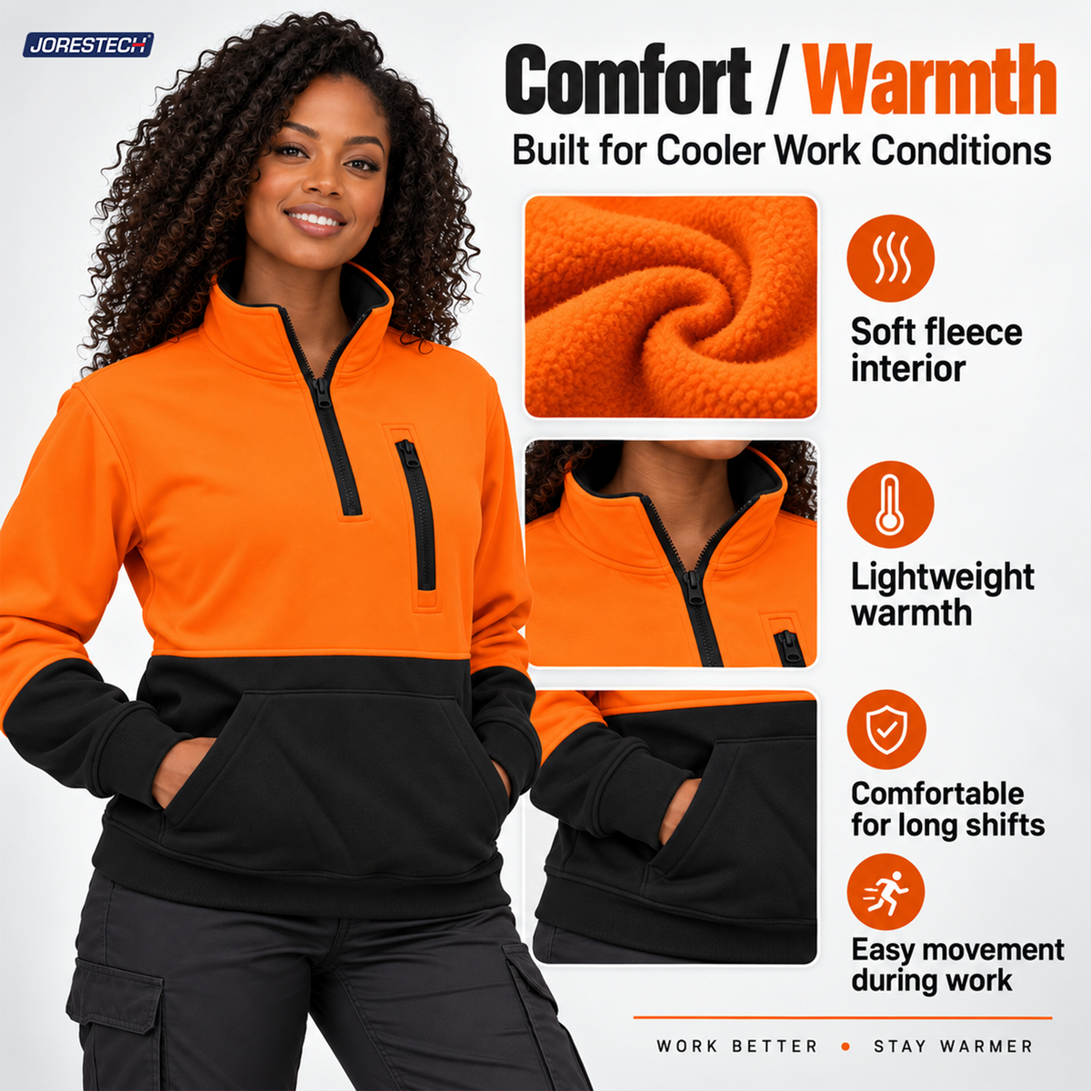 Jorestech high-visibility orange safety pullover feature graphic, emphasizing the soft fleece lining, lightweight warmth, and comfortable design for cool work environments.
