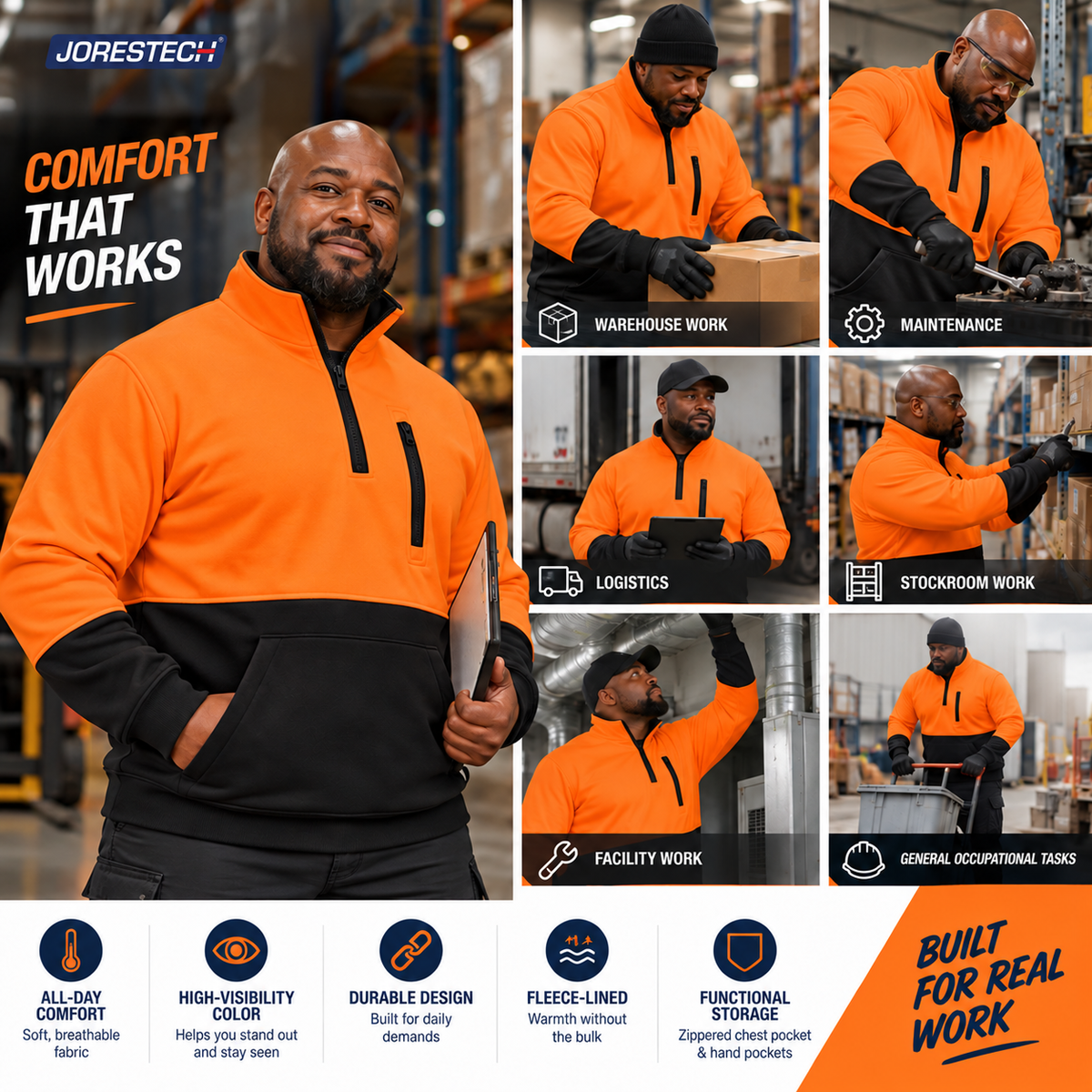 Jorestech high-visibility orange and black safety sweater applications infographic, demonstrating use cases for warehouse work, logistics, maintenance, and facilities management.