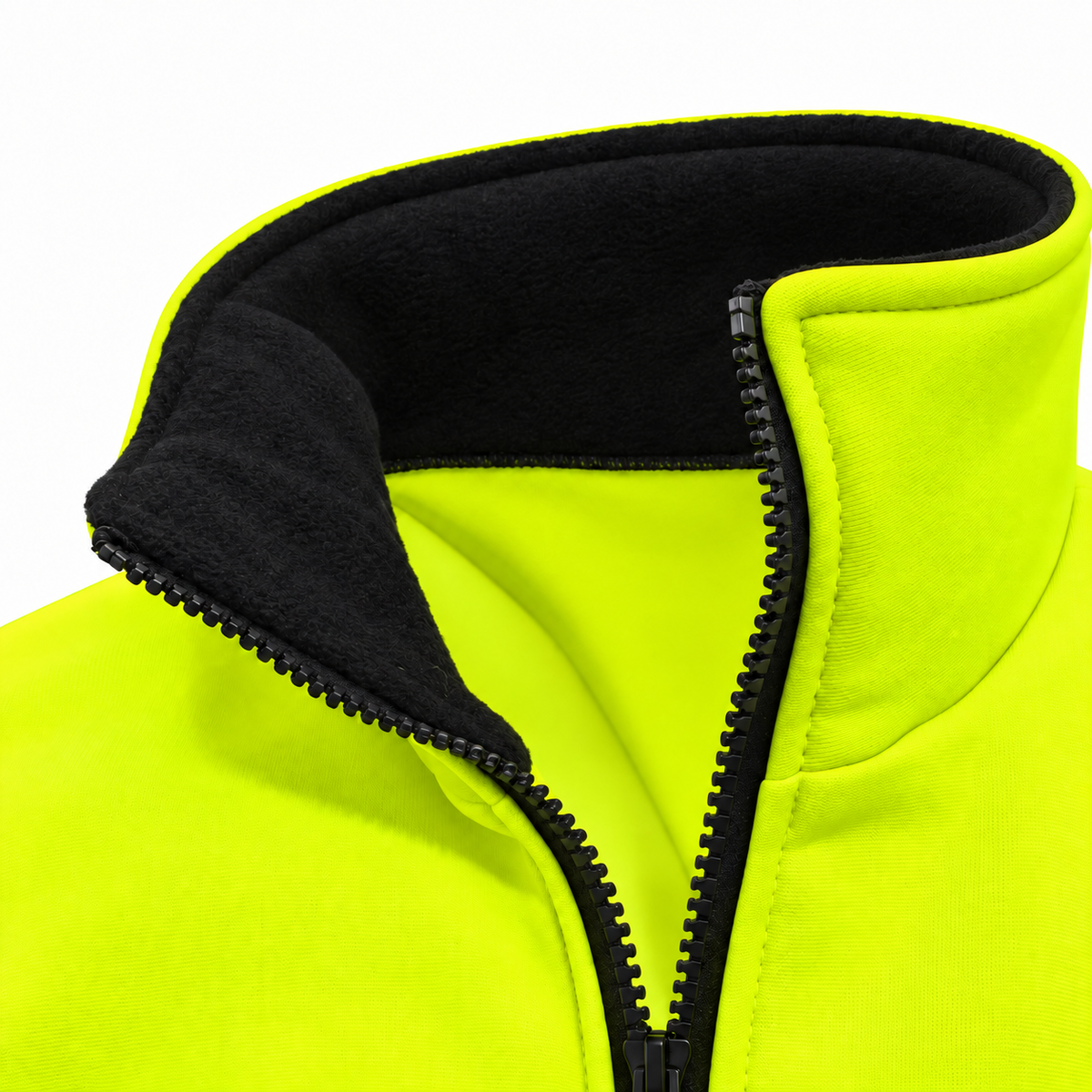 Jorestech high-visibility safety sweater close-up, highlighting the quarter-zip black collar design and bright neon fabric.