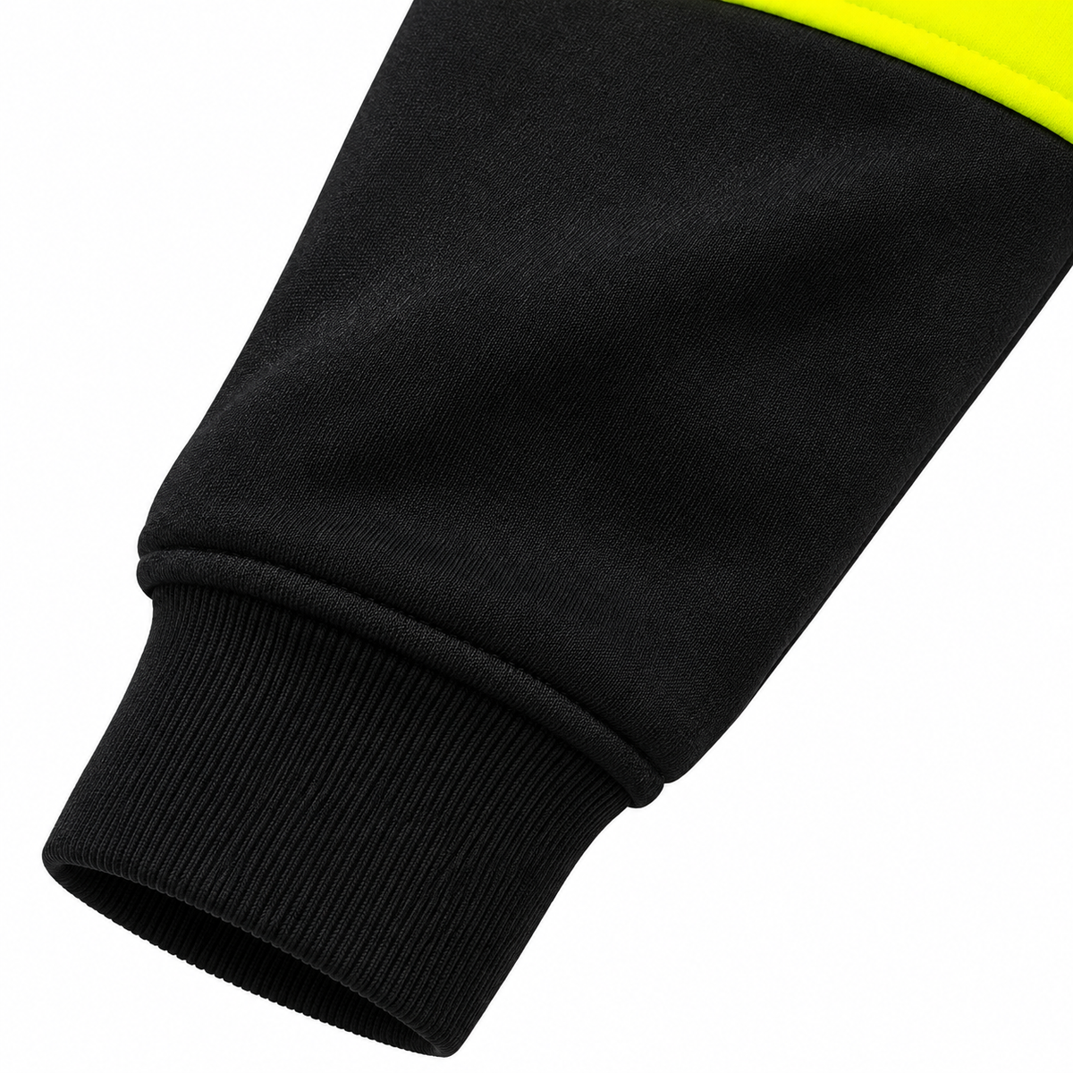 The sw-04 yellow black -  Close-up of the black ribbed wrist cuff and lower sleeve fabric of a yellow and black high-visibility safety sweater.