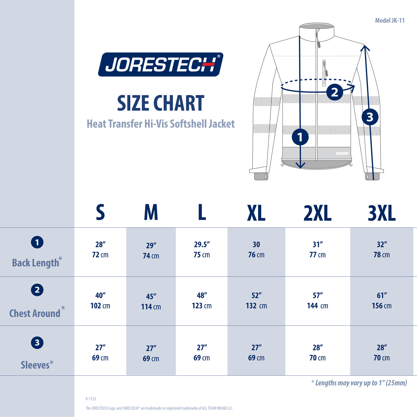 Size chart for the Hi Vis Softshell waterproof fleece lined safety jacket ANSI compliant by JORES TECHNOLOGIES®