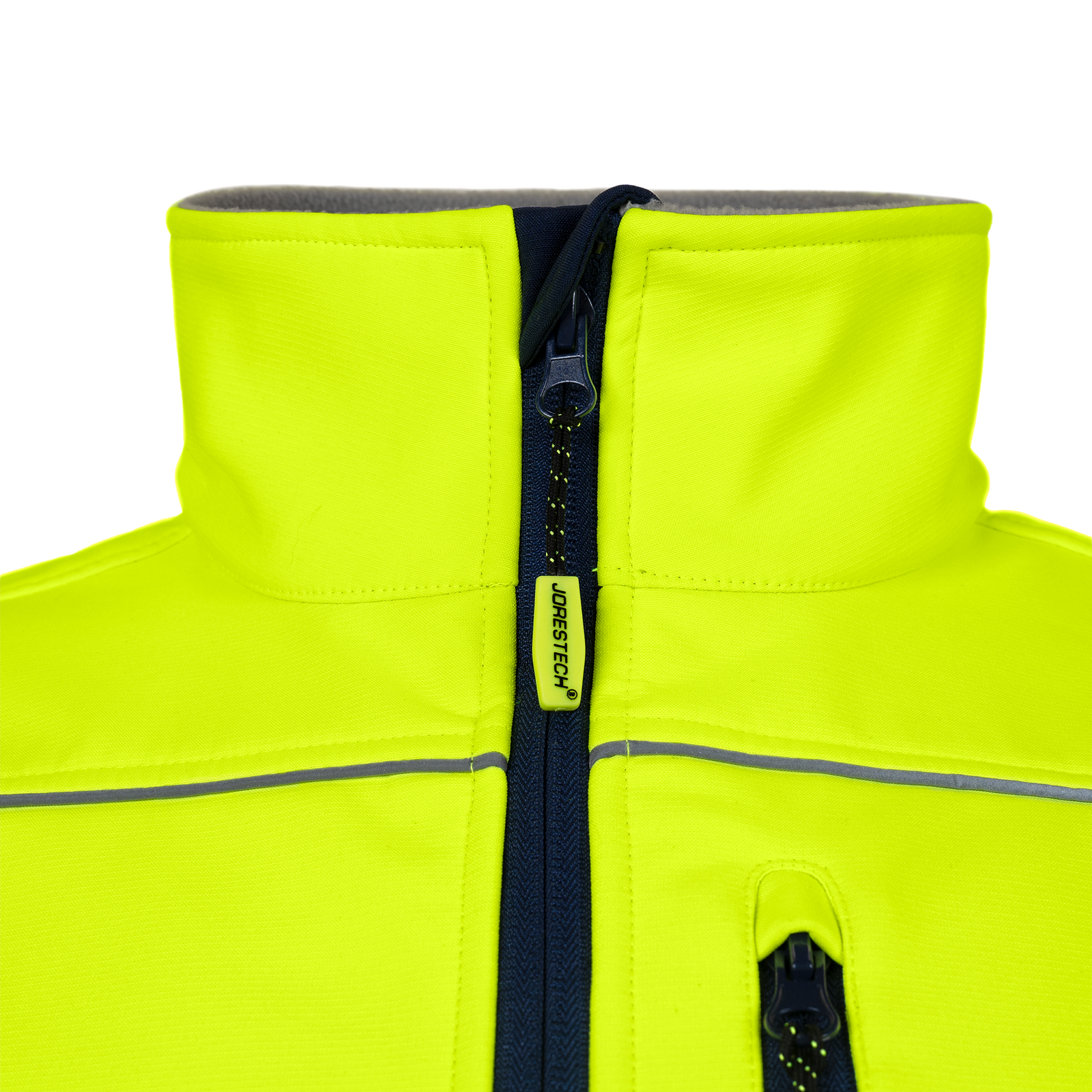 Hi Vis softshell waterproof fleece lined safety jacket with reflective strips and stand up collar by JORESTECH®