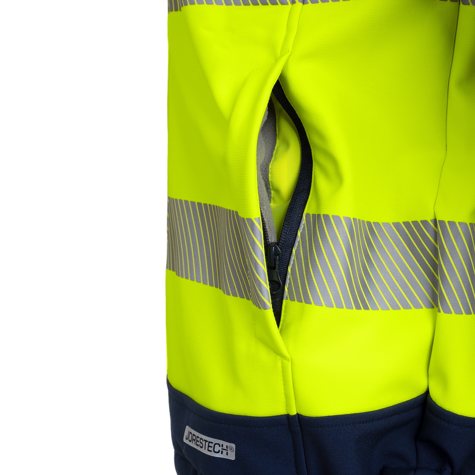 Wait pockets lined with polar fleece and heat transfer pattern on the JORESTECH waterproof and breathable safety jacket
