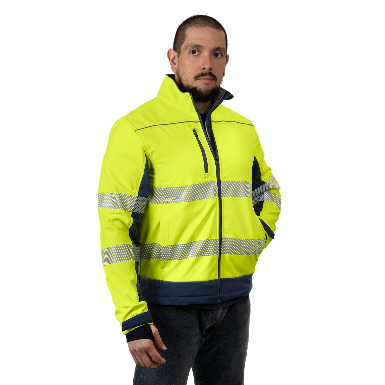 Worker wearing the all weather protection Hi Vis softshell waterproof fleece lined safety jacket with reflective strips by JORESTECH®