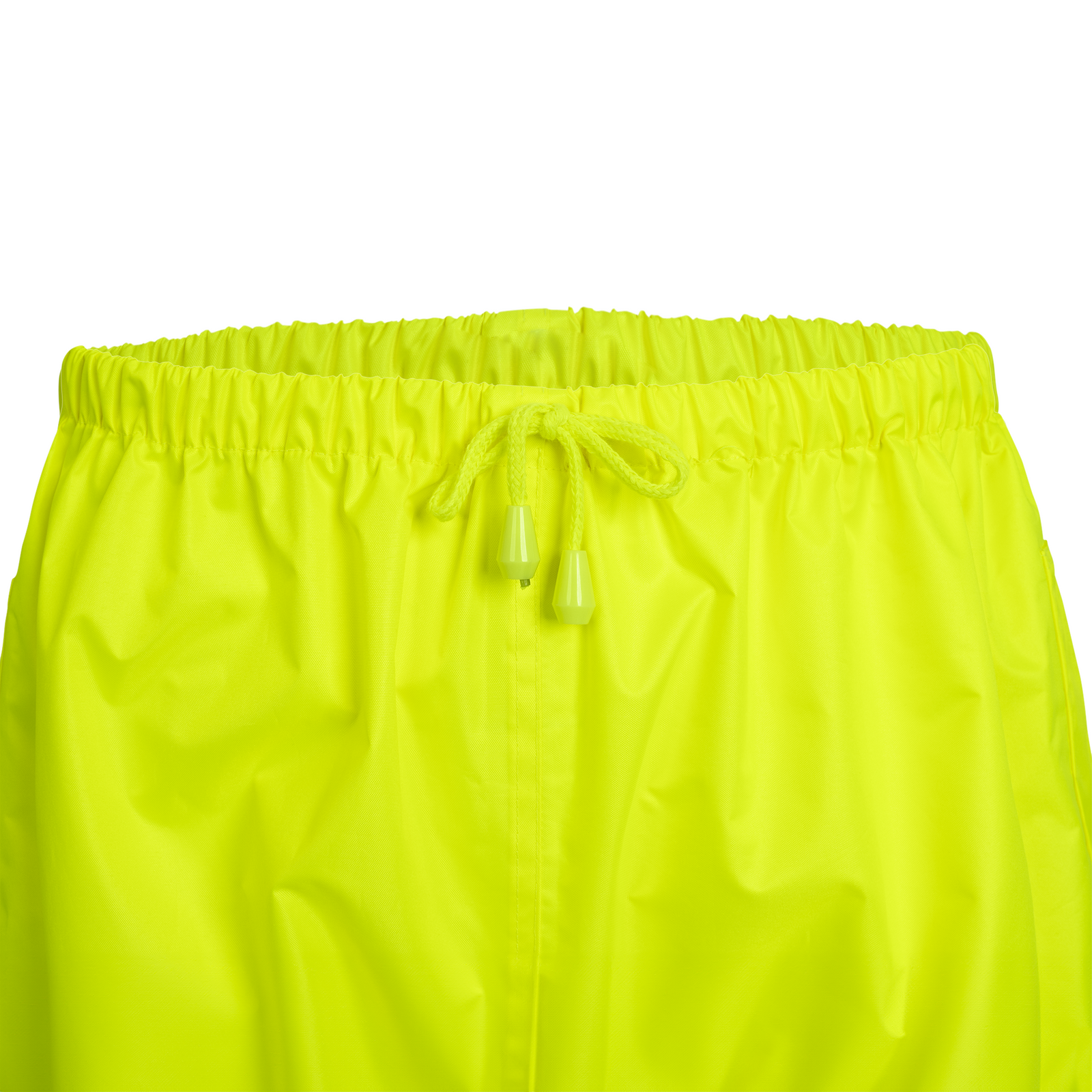 Hi vis yellow rain pants with elastic waits and adjustable waits string for improved sizing