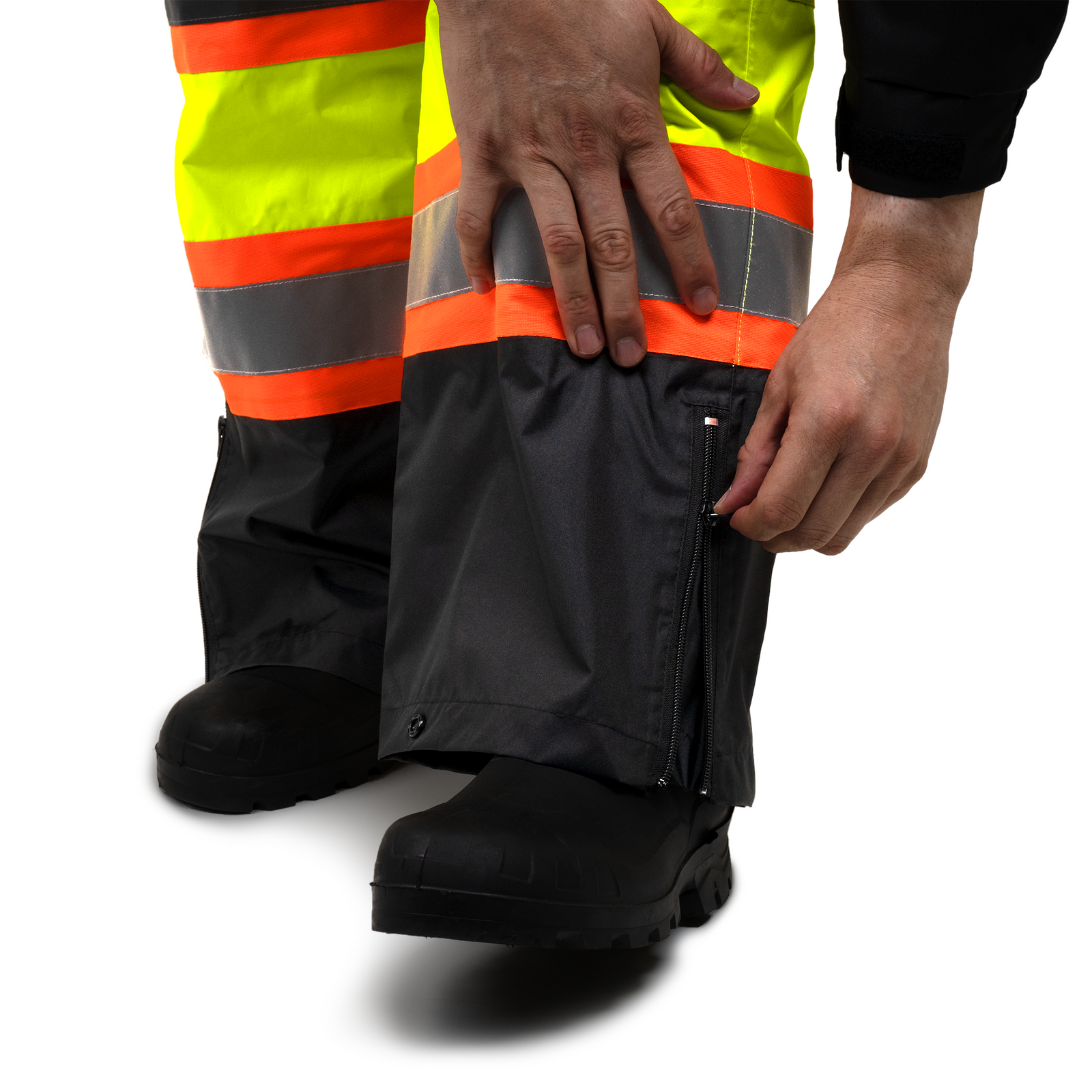 Closeup of the JORESTECH rain pants with convenient book zipper  and dirt concealing fabric