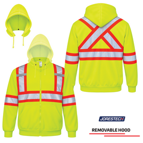 • Jorestech high-visibility lime-yellow safety hooded sweatshirt with removable hood, featuring ANSI-compliant orange and silver X-back reflective stripes and a full-zip design.
