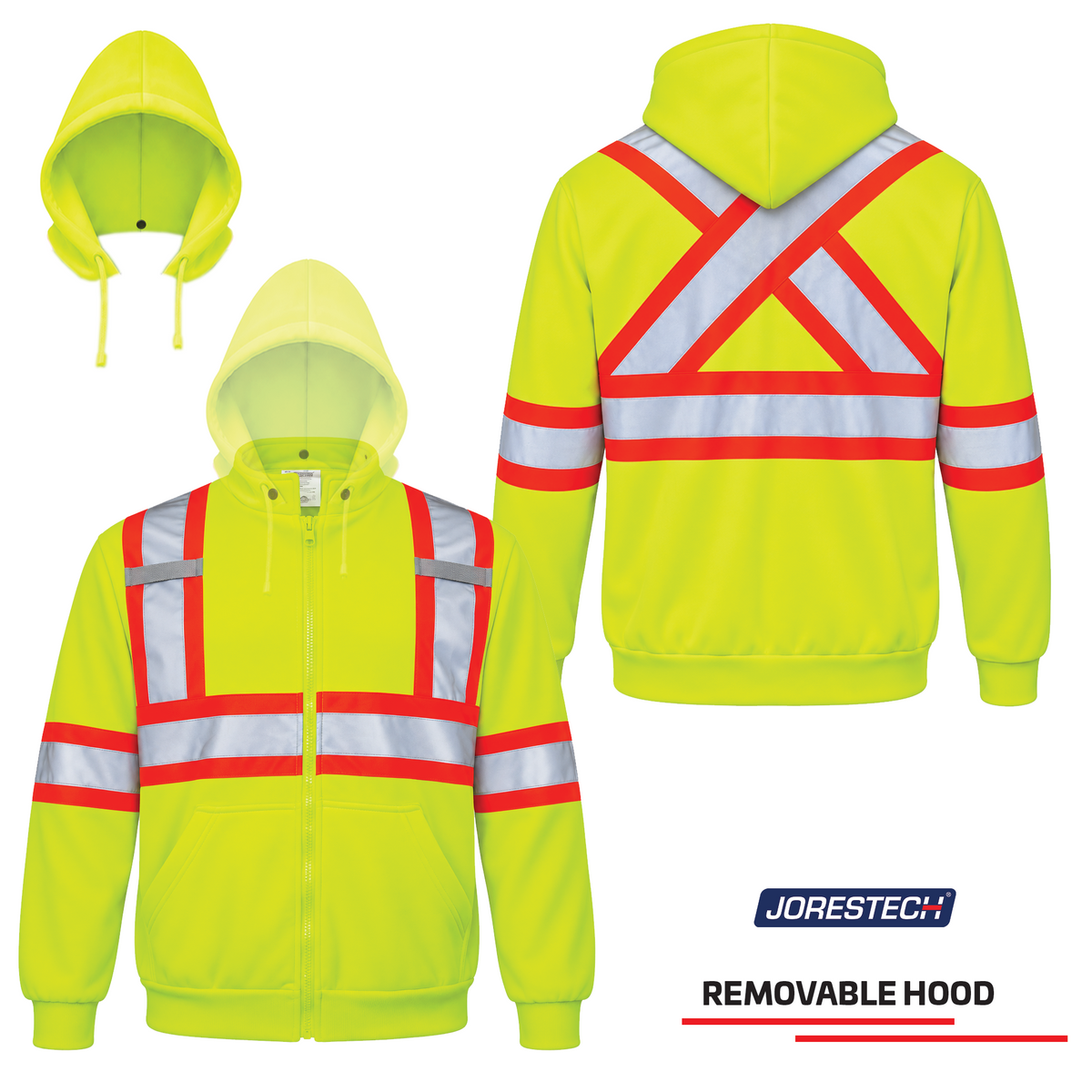 • Jorestech high-visibility lime-yellow safety hooded sweatshirt with removable hood, featuring ANSI-compliant orange and silver X-back reflective stripes and a full-zip design.
