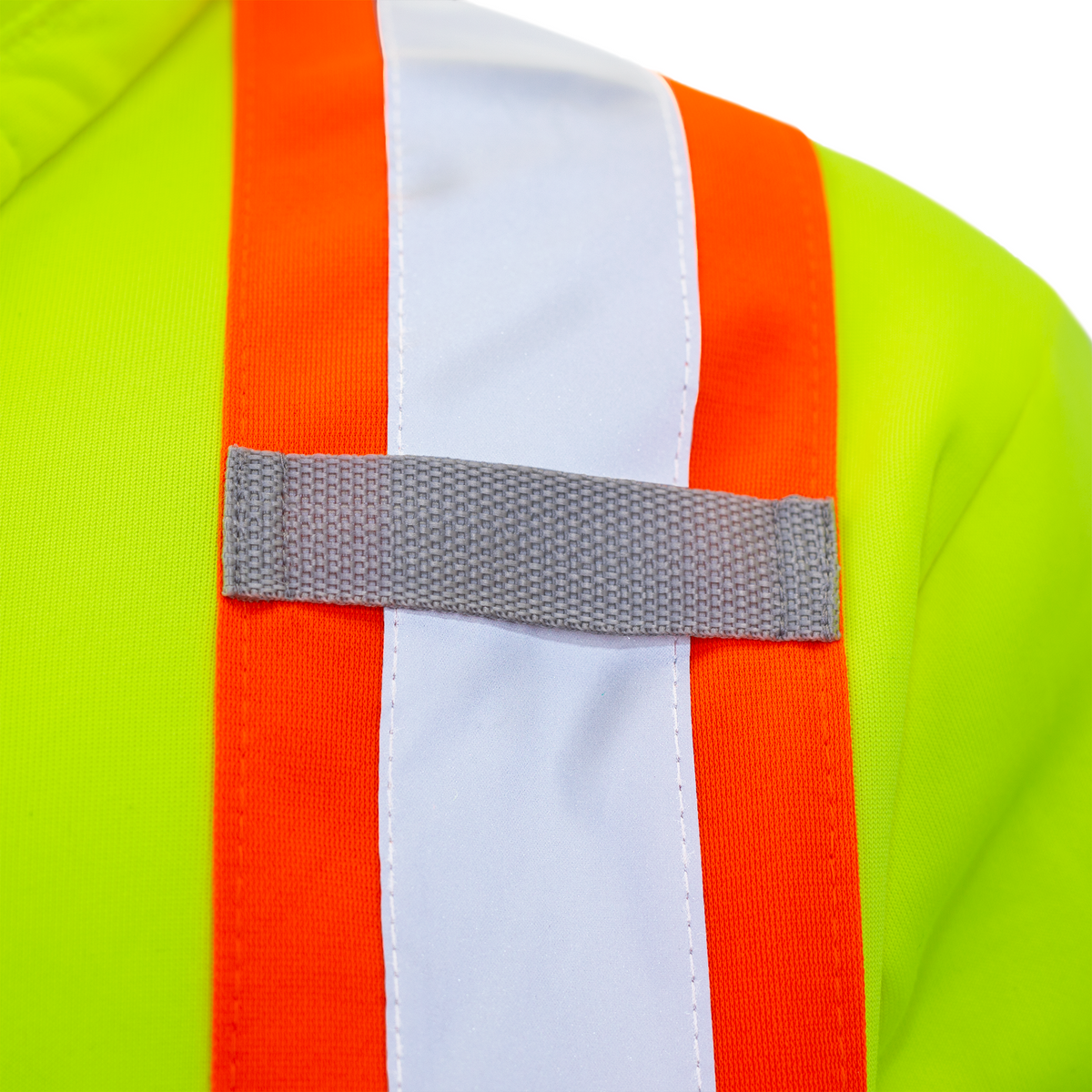 Jorestech high-visibility safety hoodie utility detail, showcasing the durable fabric mic tab loop sewn into the orange and silver reflective shoulder tape layout.