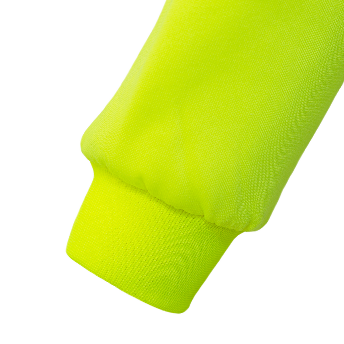 Jorestech high-visibility lime-yellow safety sweater detail view, showcasing the matching neon ribbed sleeve cuff fabric up close