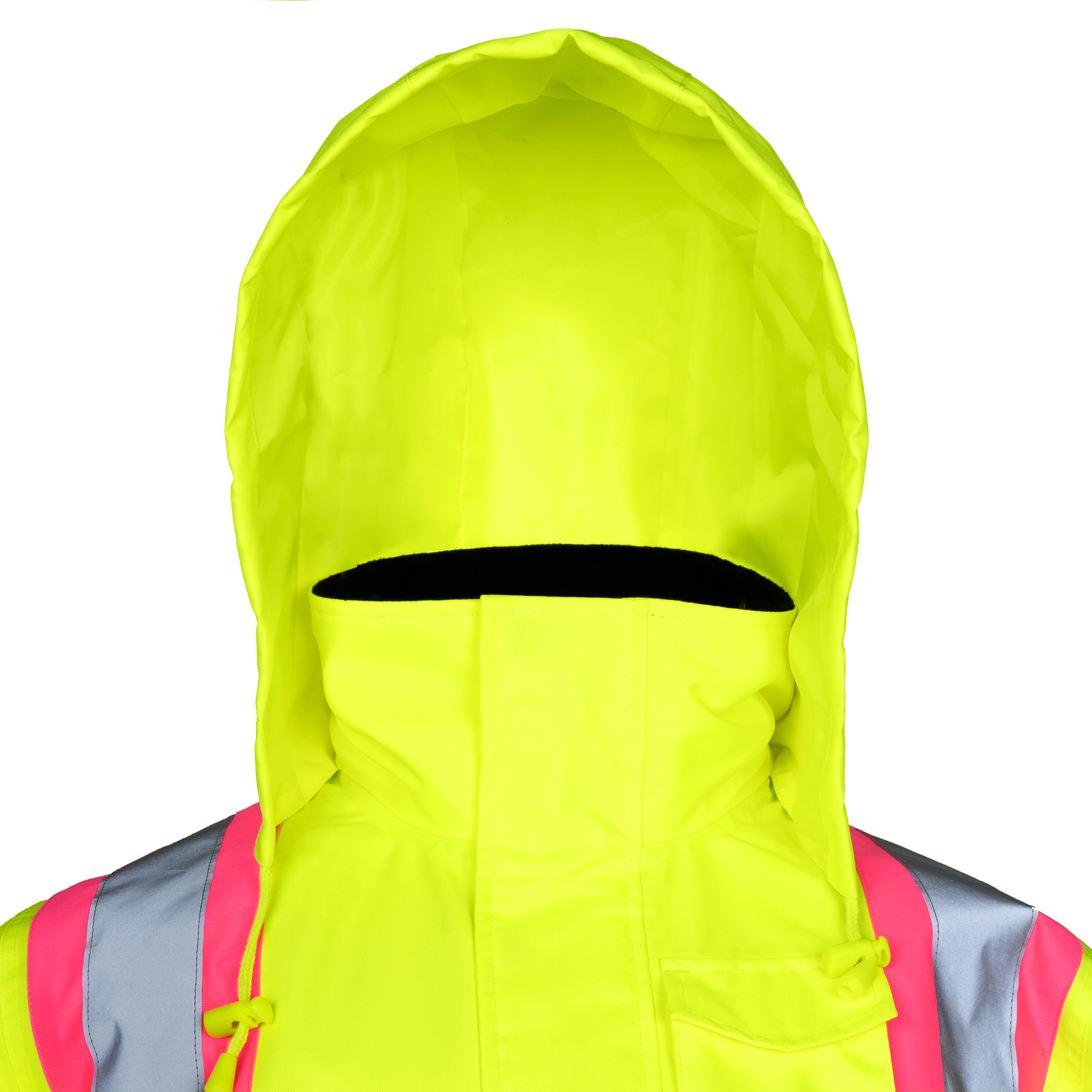 Hi vis tow tone safety jacket with reflective stripes and pink contrast with hoodie