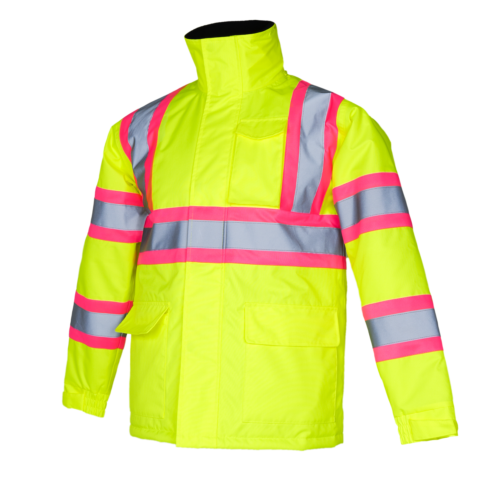Hi vis tow tone safety jacket with reflective stripes and pink contrast ANSI compliant