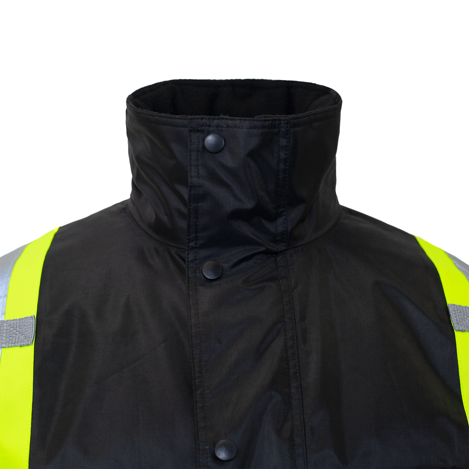 Hi vis insulated and waterproof safety jacket with flap and buttons to cover the zipper from wind and water
