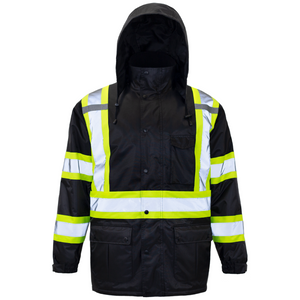 Hi visibility two tone insulated safety jacket with reflective stripes and hood