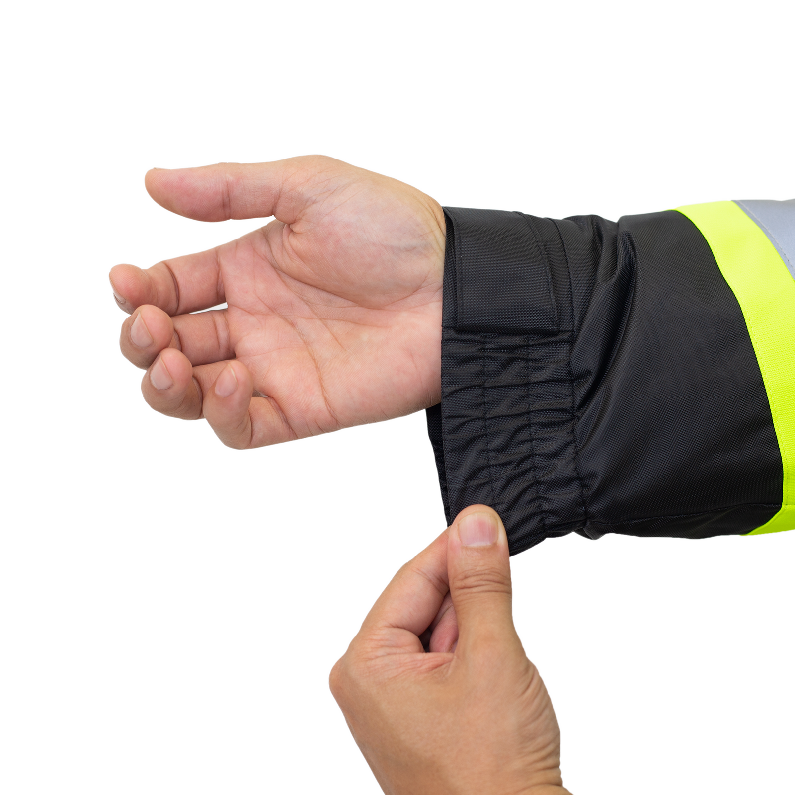 Hi Vis Safety jacket with elastic and size adjustable cuffs for increase weather protection