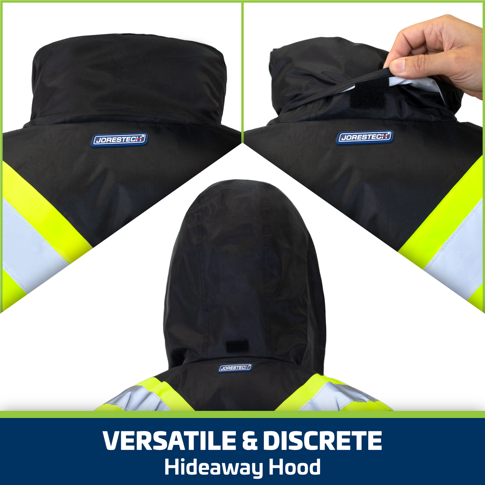 JORESTECH waterproof safety jacket with versatile and discrete hideaway hood 