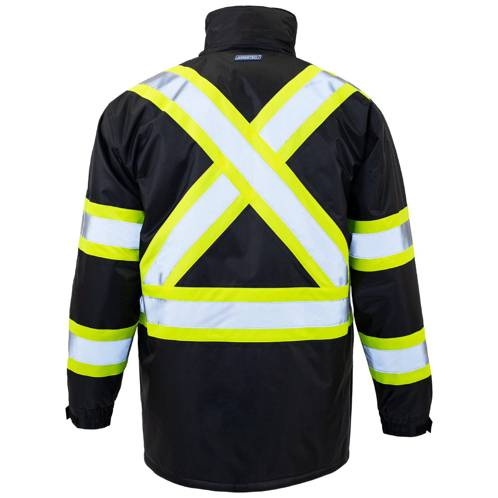 ANSI and CSA compliant high vis safety jacket with X on back reflective stripes and hoodie 