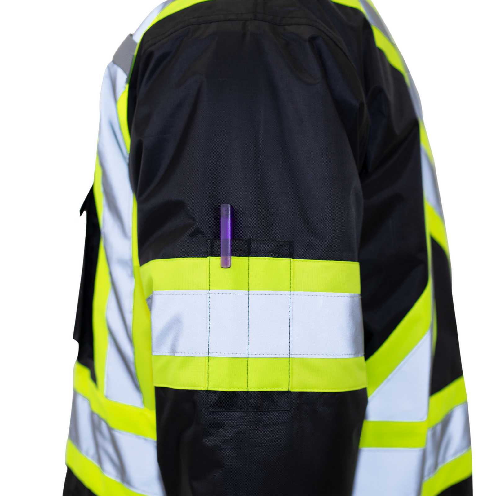 Hi vis black and yellow safety jacket with reflective stripes and pen pockets on the sleeve