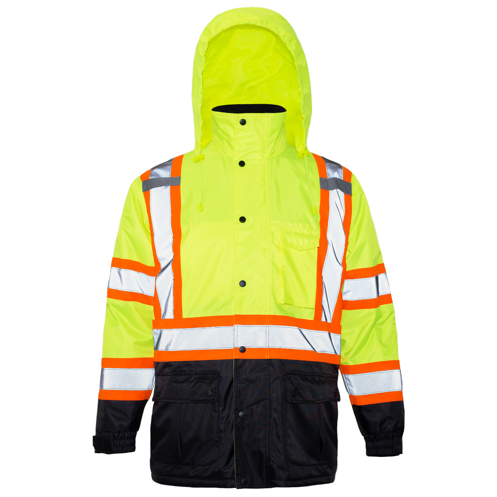 Hi visibility insulated safety jacket with reflective stripes and hood ANSI compliant class 3 type R