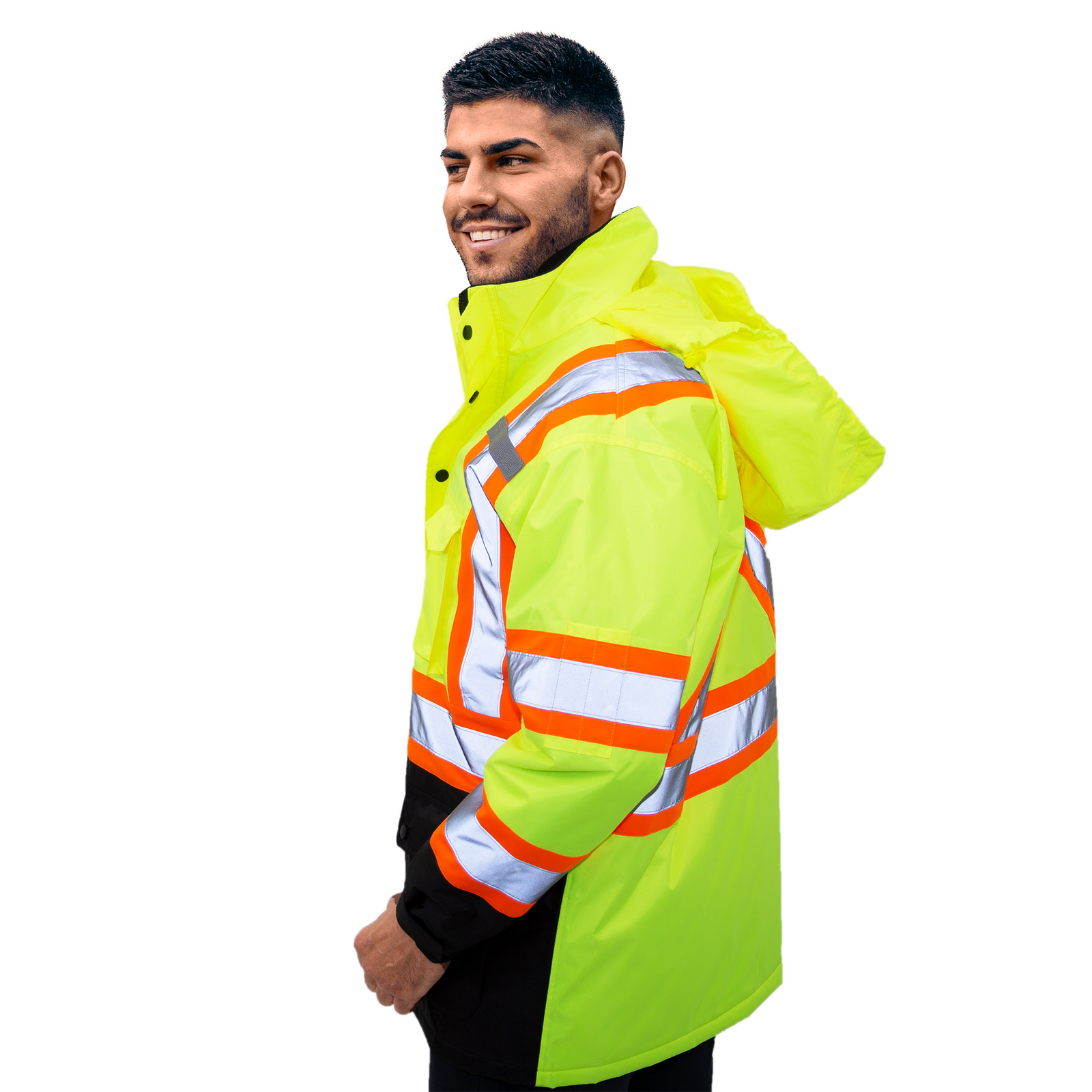 Man wearing the hi vis two tone safety jacket for work