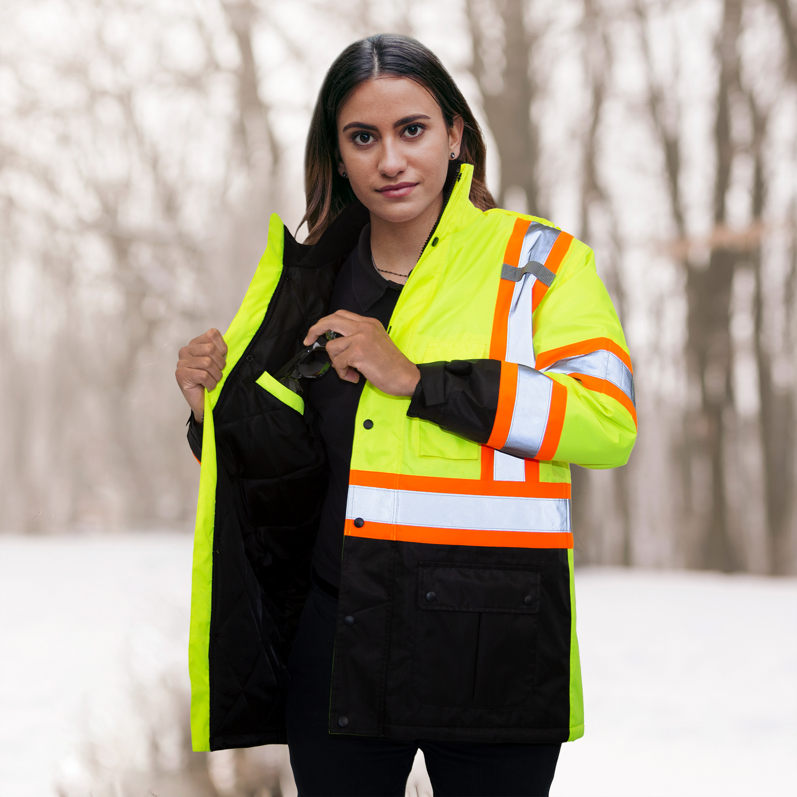 Woman wearing the lime yellow jacket for winter protection