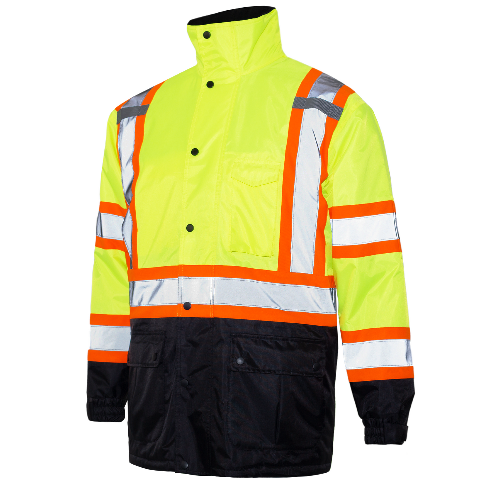 Yellow hi-vis safety insulated jacket with reflective stripes and X on back