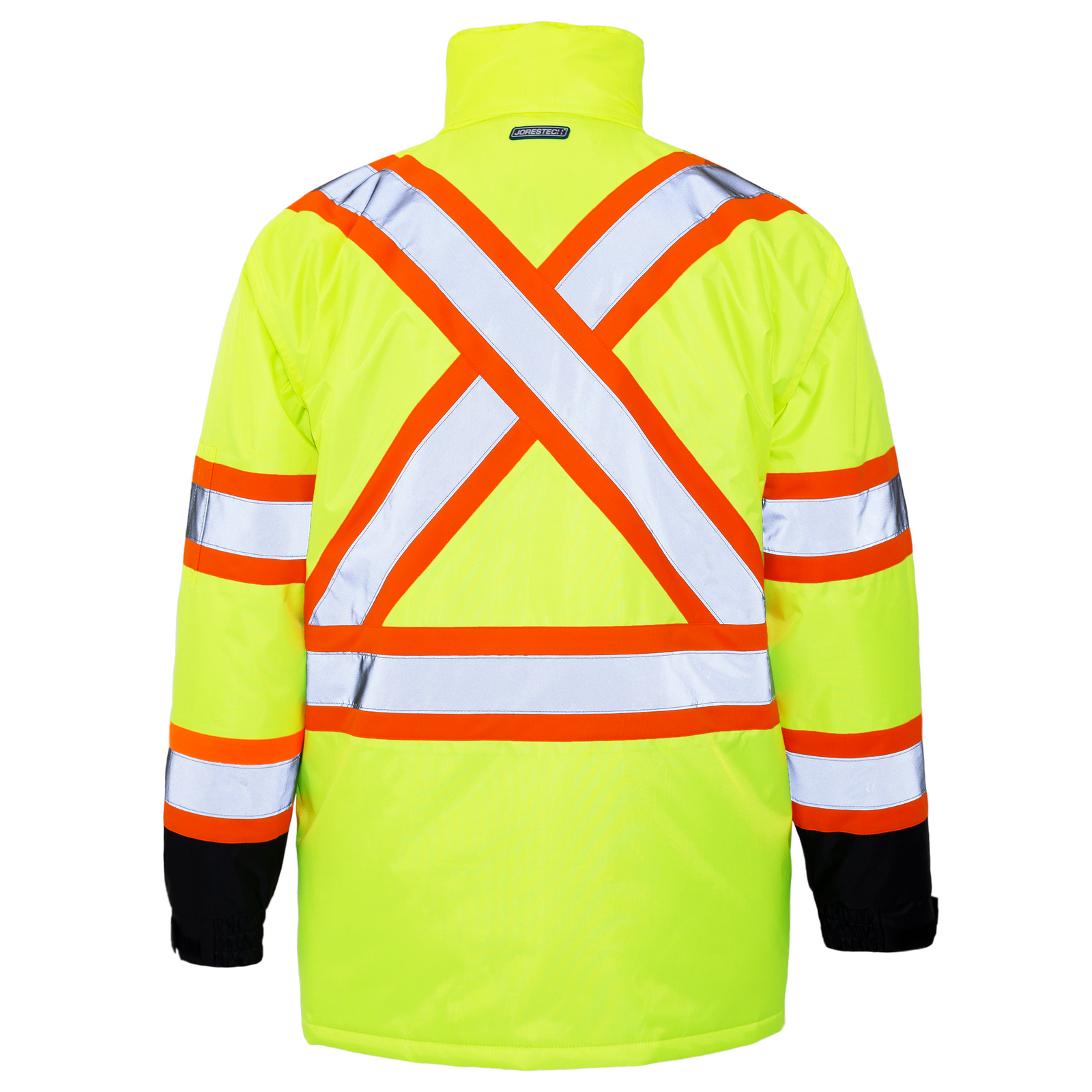 Lime insulated safety jacket with X on back and reflective stripes