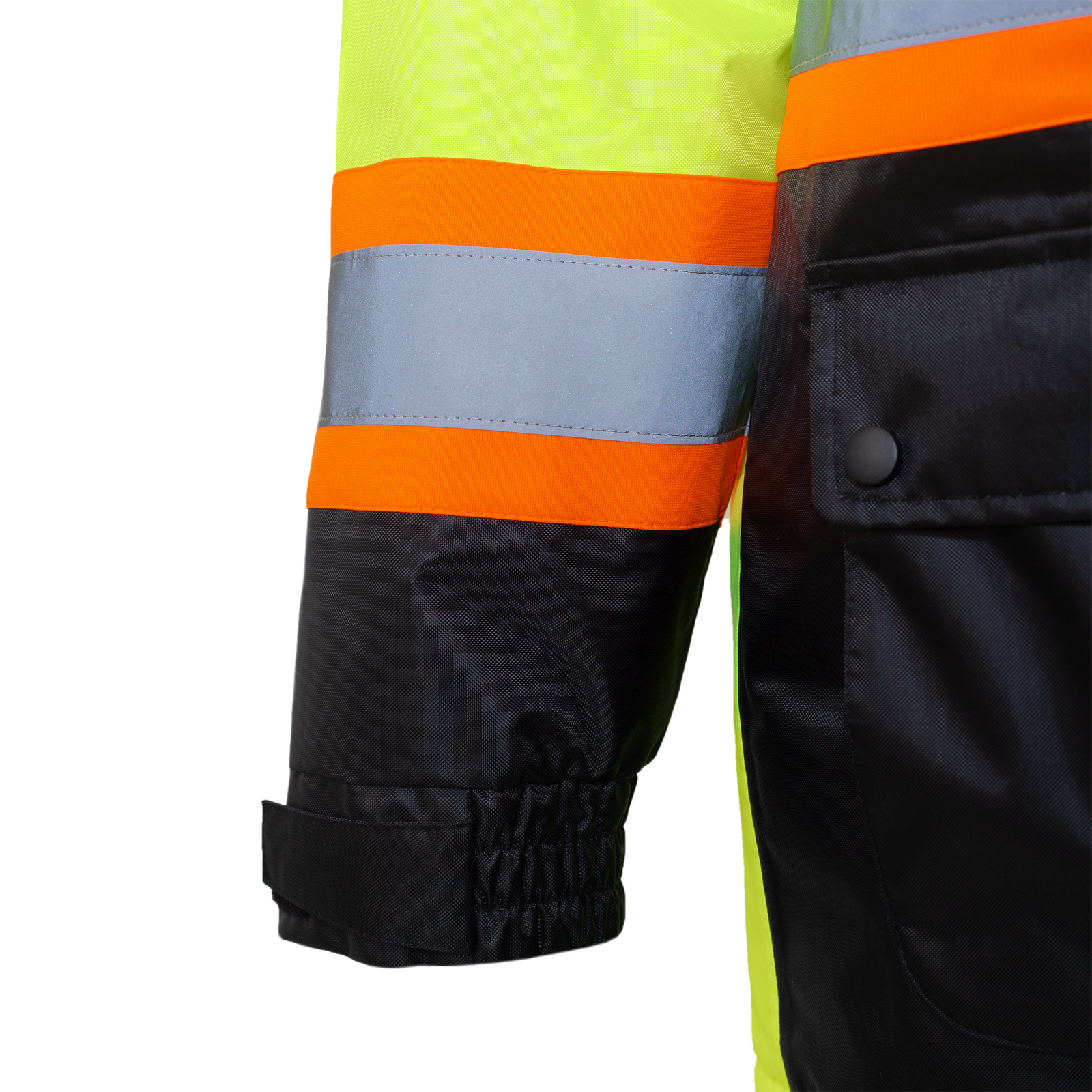 Detail of the elastic cuff, the 2 tone reflective material and the waist pocket of the JORESTECH insulated safety jacket
