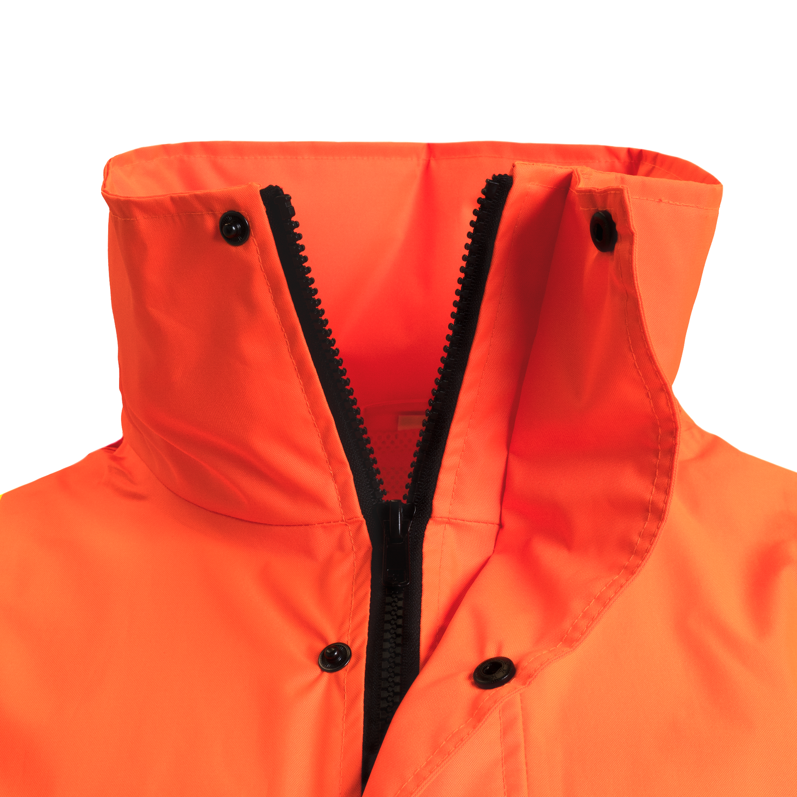 Closeup of the Hi vis JORESTECH Rain Jacket zipper flap for improve weather protection 