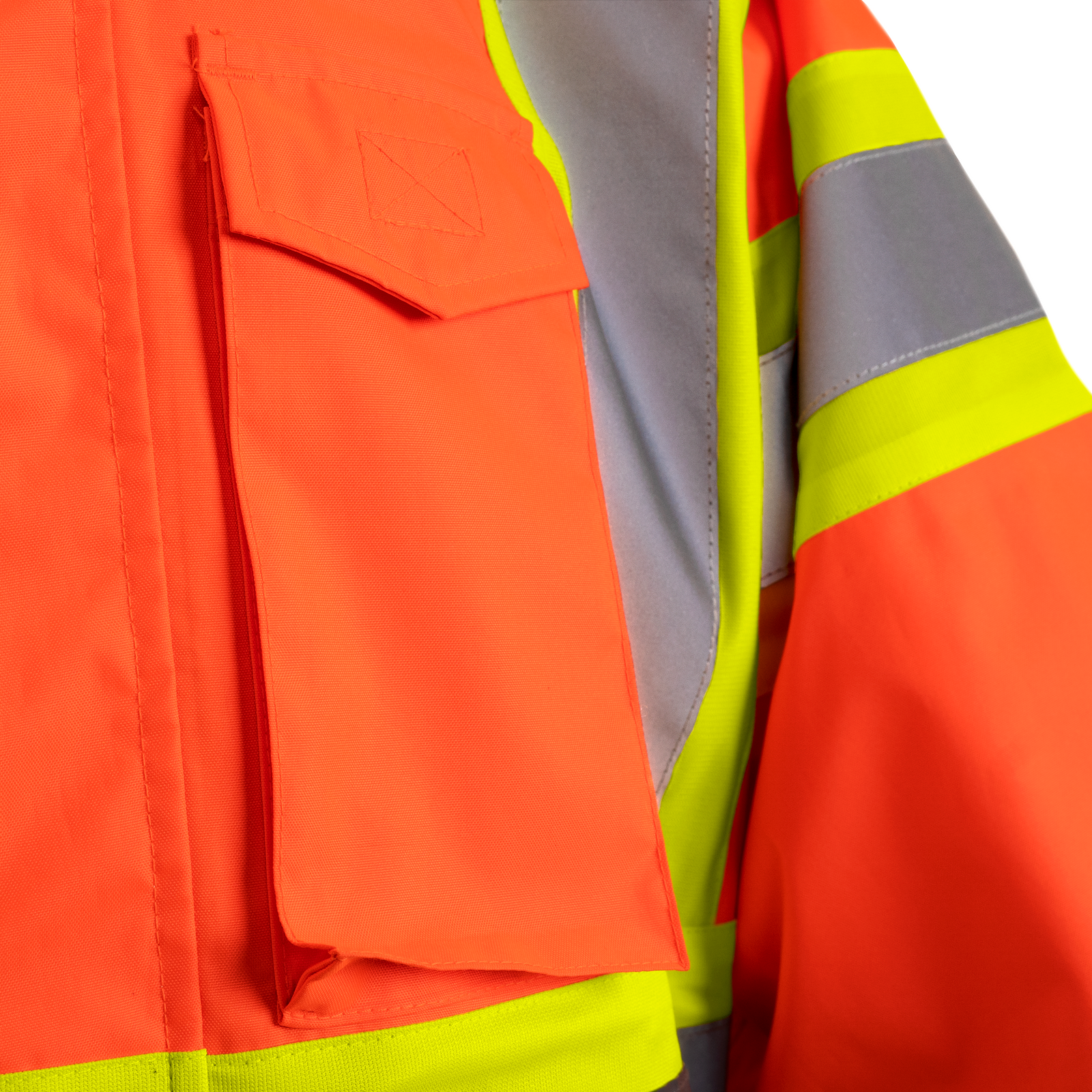 Close up of the hi vis rain jacket with reflective and contrasting stripes and multiple pockets