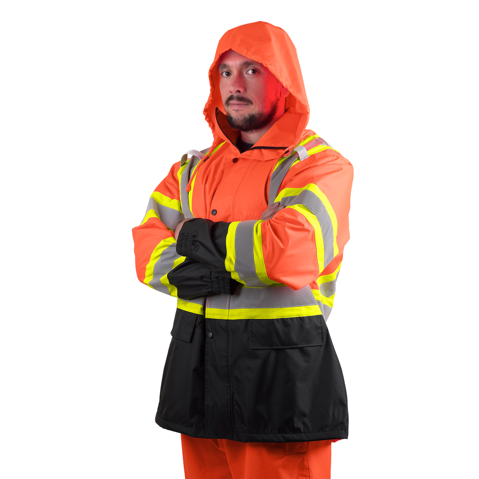 Worker wearing the hi vis two tone orange safety rain jacket with x reflective stripes on the back and hideaway hoodie