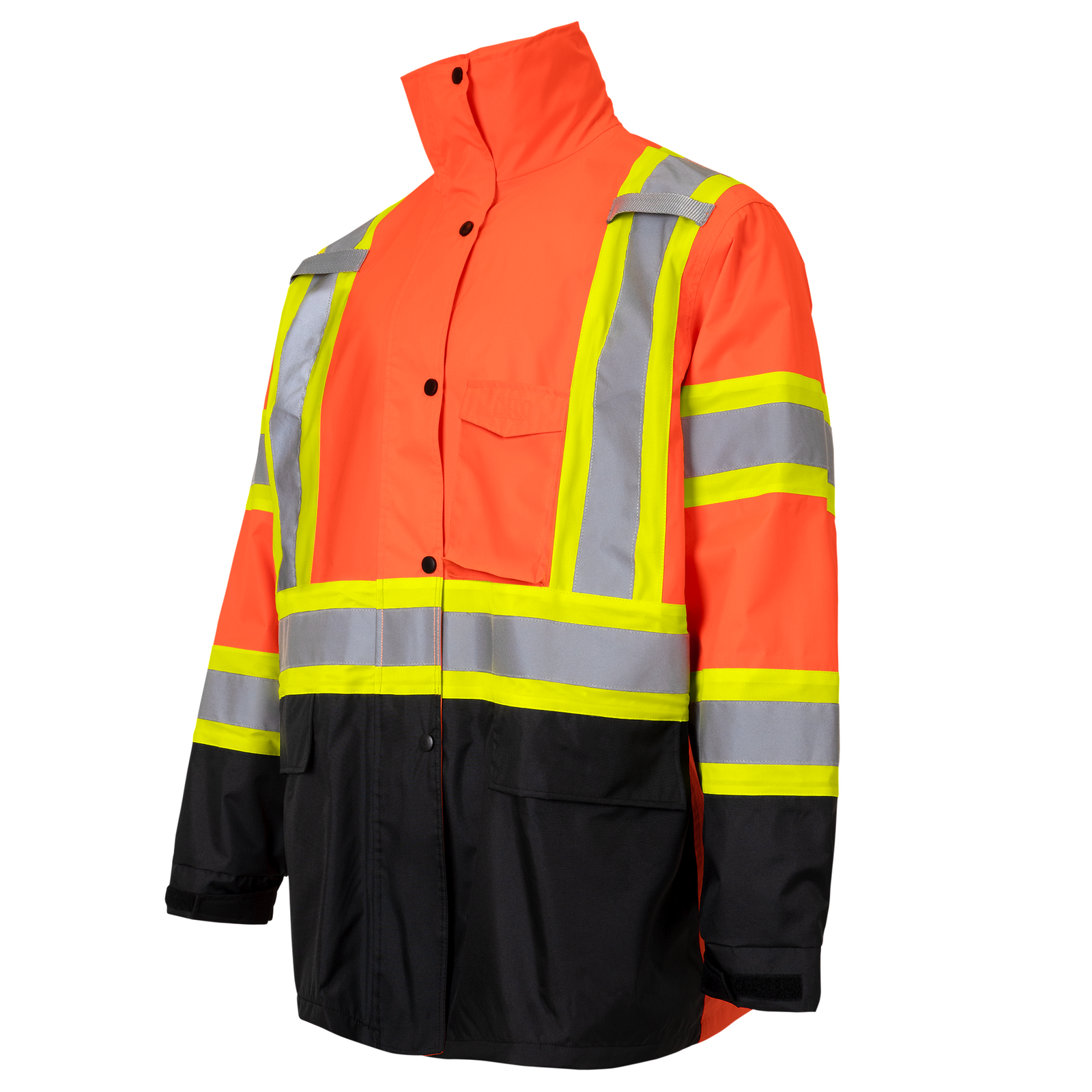 Hi vis two tone safety rain jacket with x reflective and contrasting stripes on back