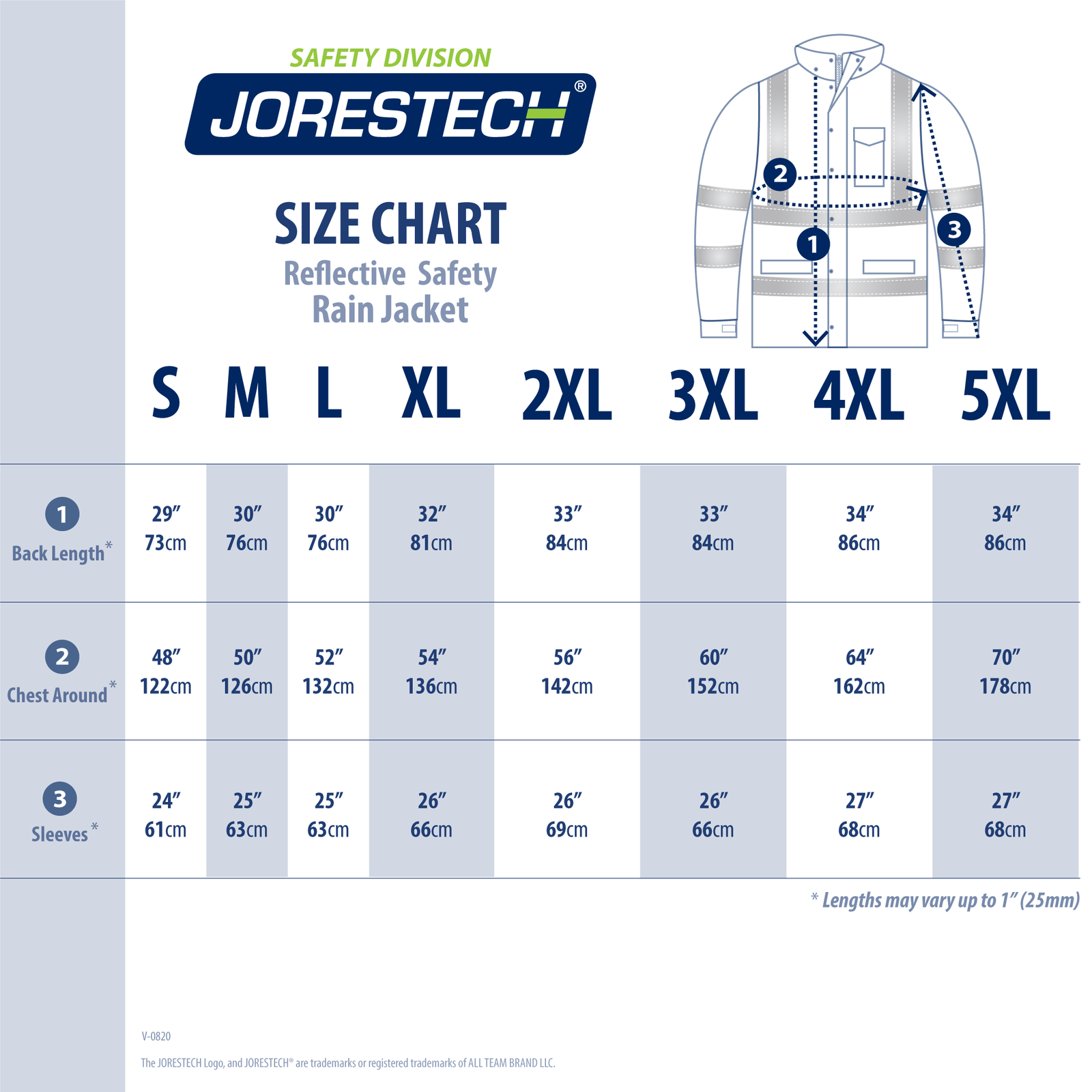 Size chart for the JORESTECH hi vis safety rain jacket with X en the back