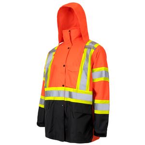 High visibility two tone safety rain jacket with X reflective stripes and hoodie